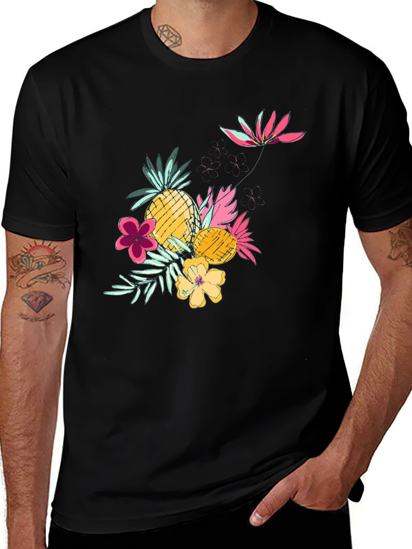 Tropical Pineapple & Flower Graphic Black Tee