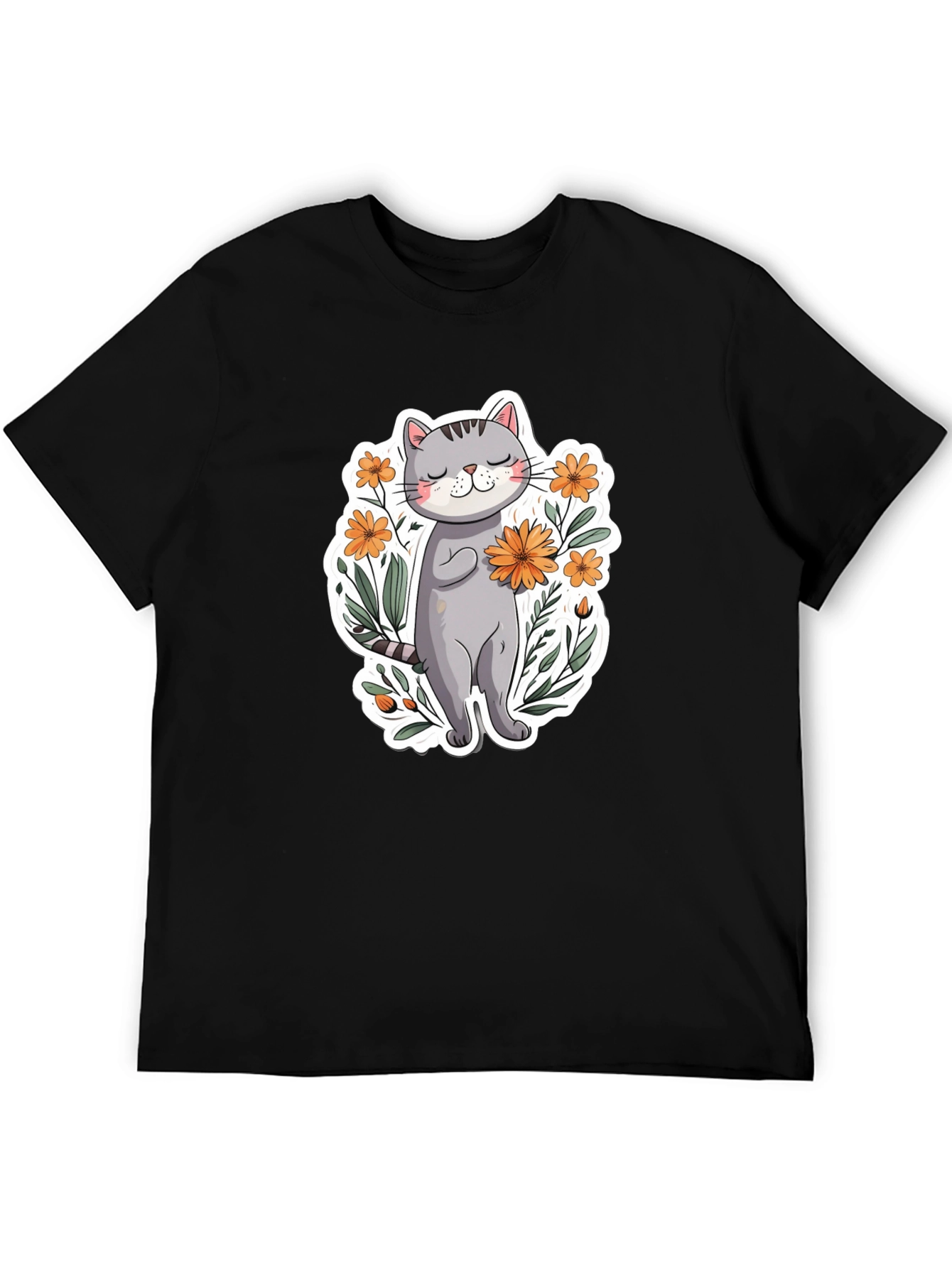 Cute Cat with Flowers Graphic T-Shirt