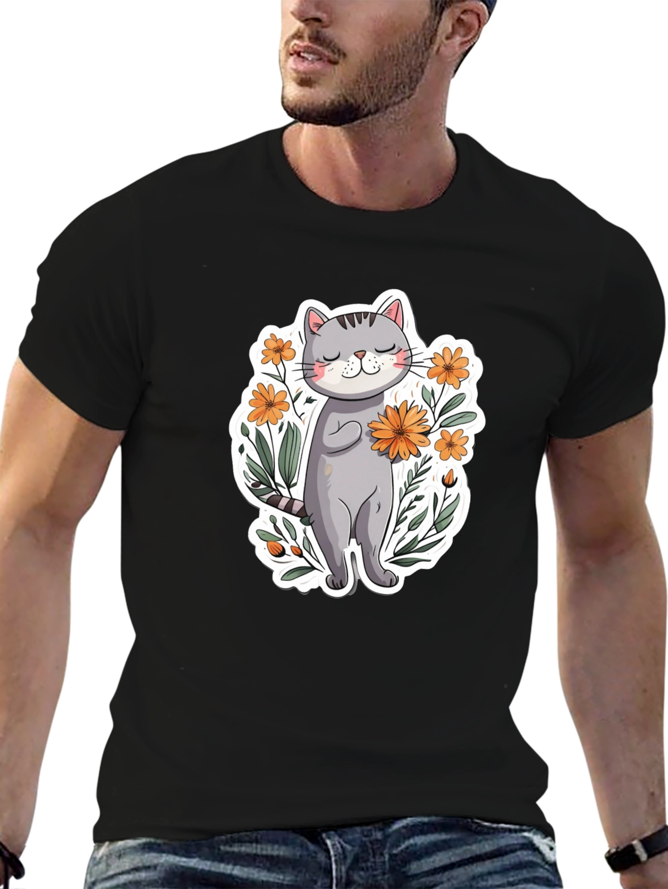 Cute Cat with Flowers Graphic T-Shirt