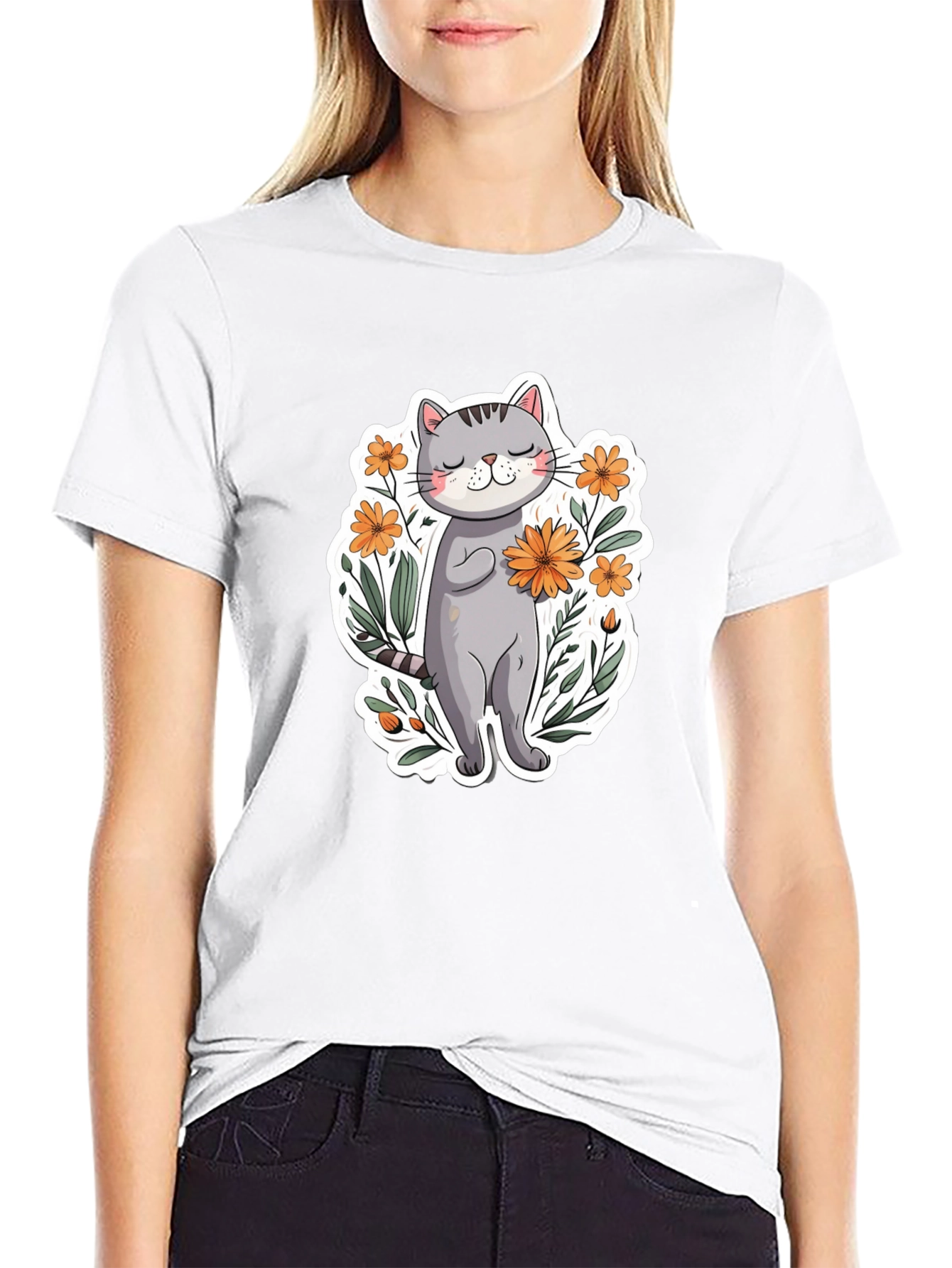 Cute Cat with Flowers Graphic T-Shirt