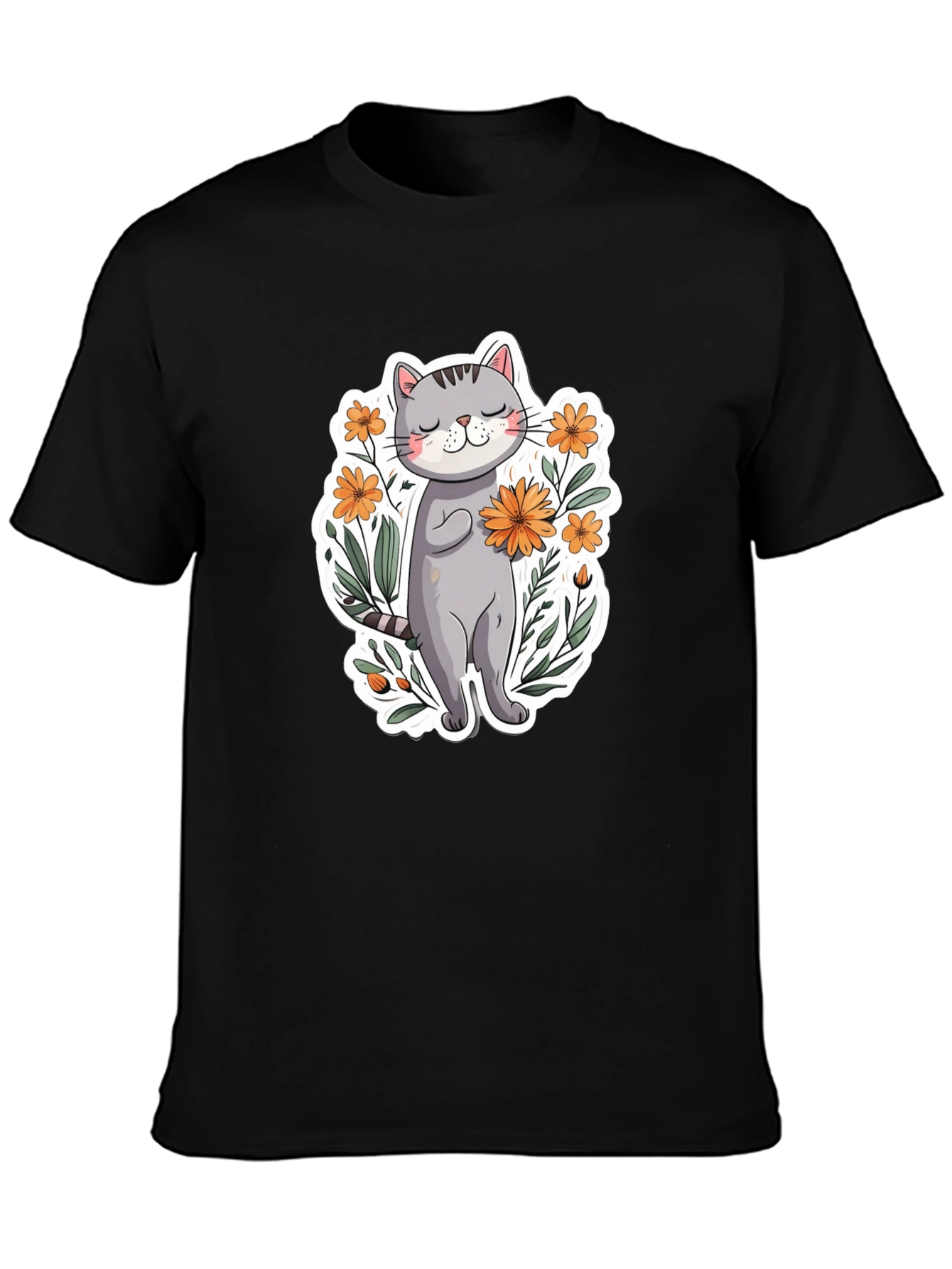 Cute Cat with Flowers Graphic T-Shirt