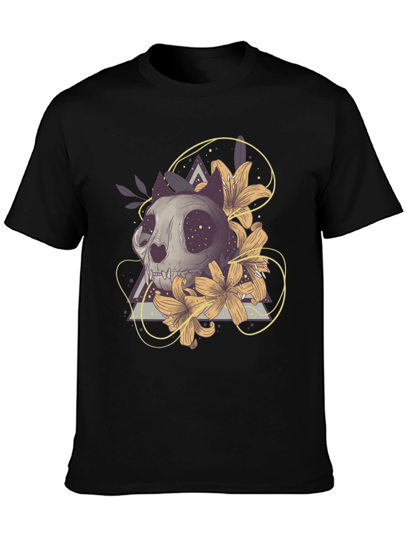 Cat Skull & Lilies Graphic T-Shirt - Unique Design