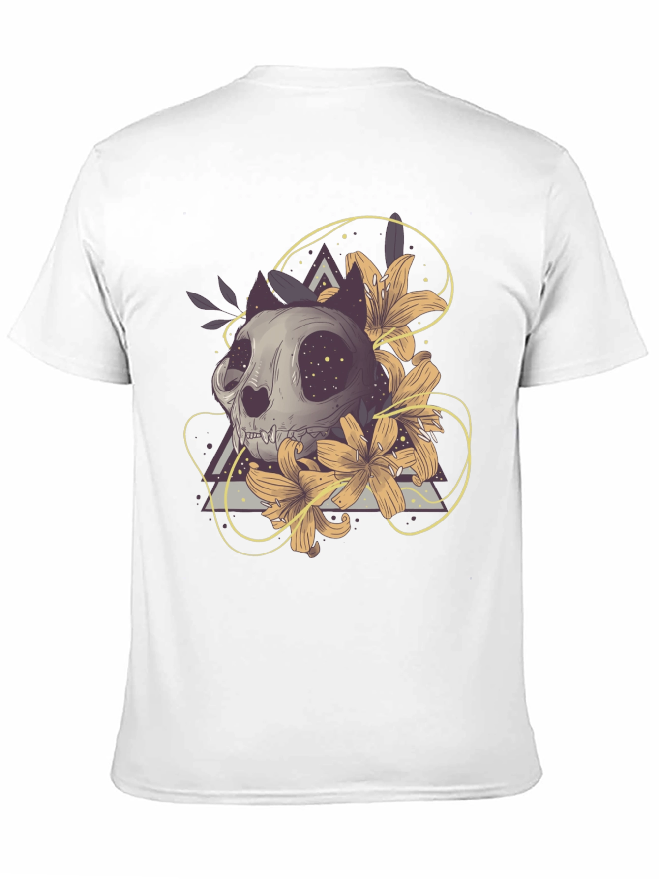 Cat Skull & Lilies Graphic T-Shirt - Unique Design