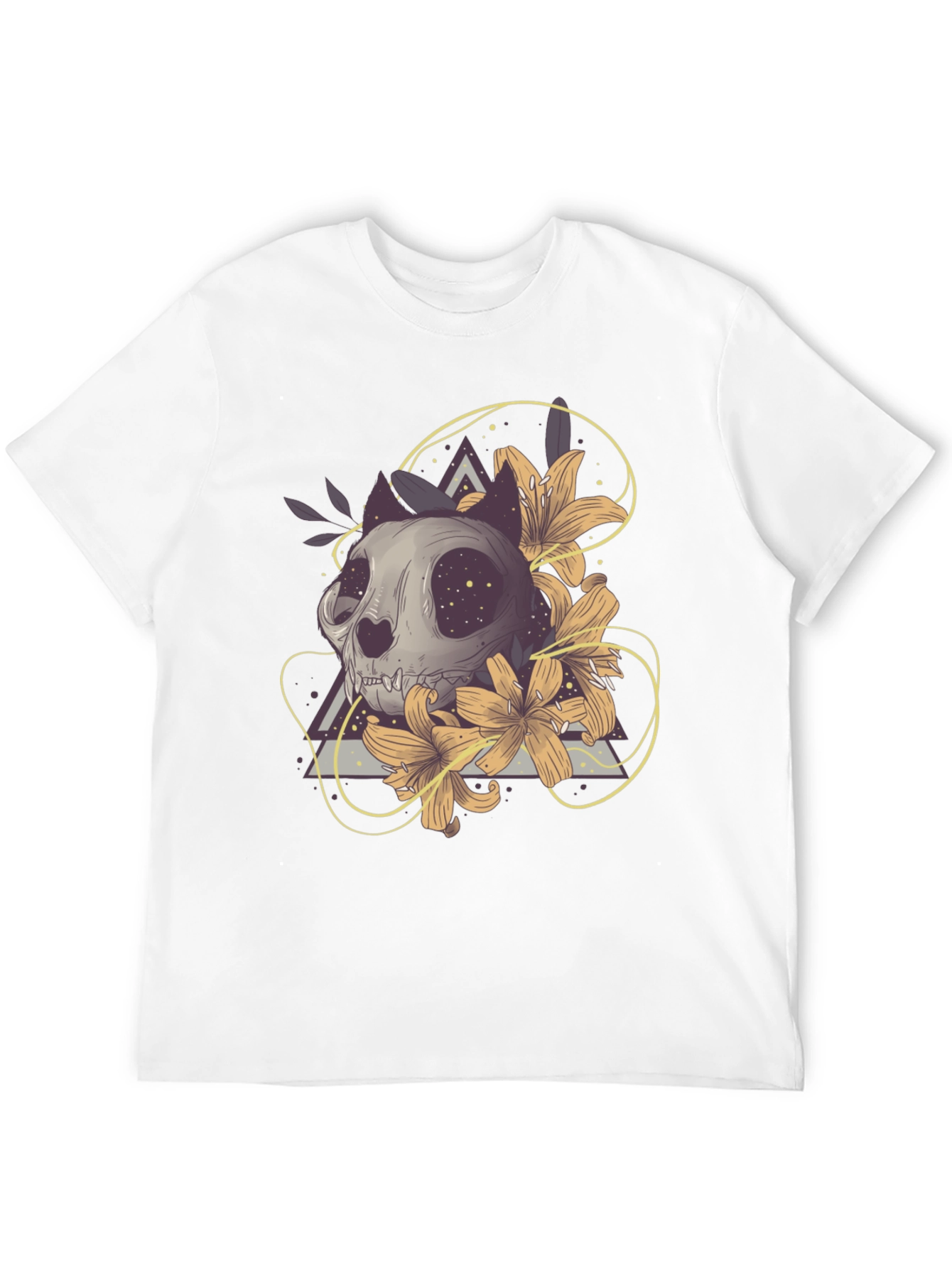 Cat Skull & Lilies Graphic T-Shirt - Unique Design