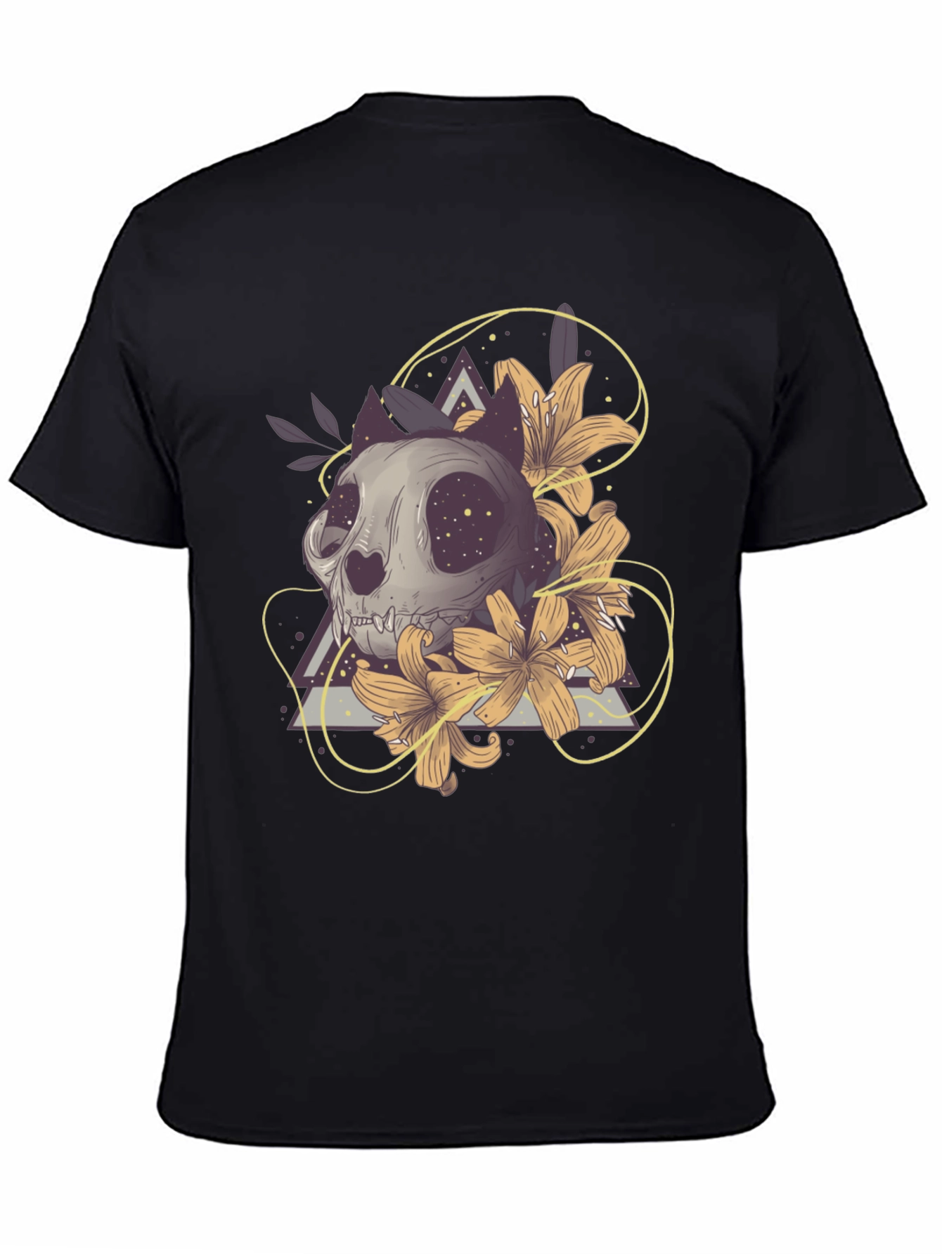 Cat Skull & Lilies Graphic T-Shirt - Unique Design