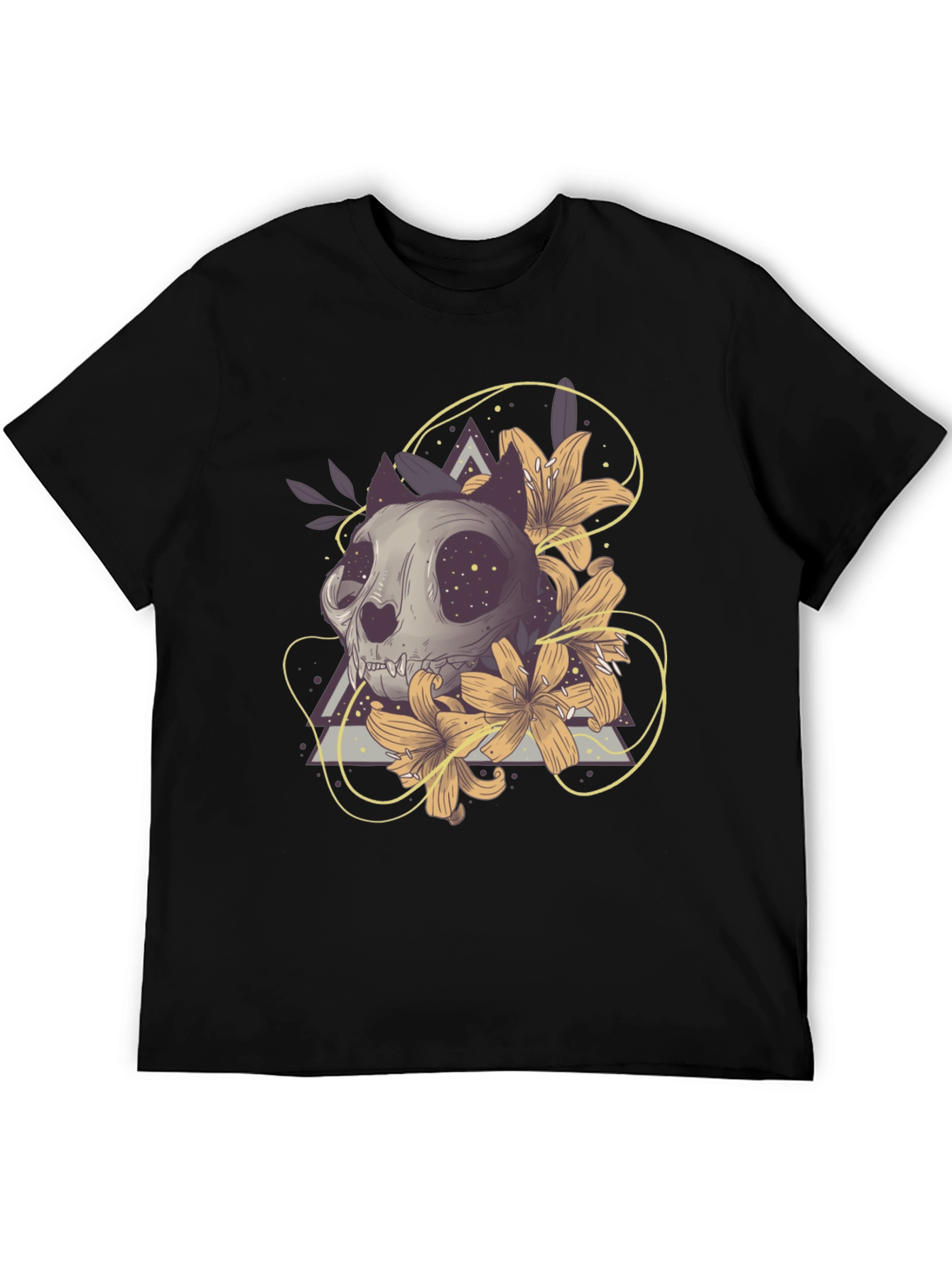 Cat Skull & Lilies Graphic T-Shirt - Unique Design