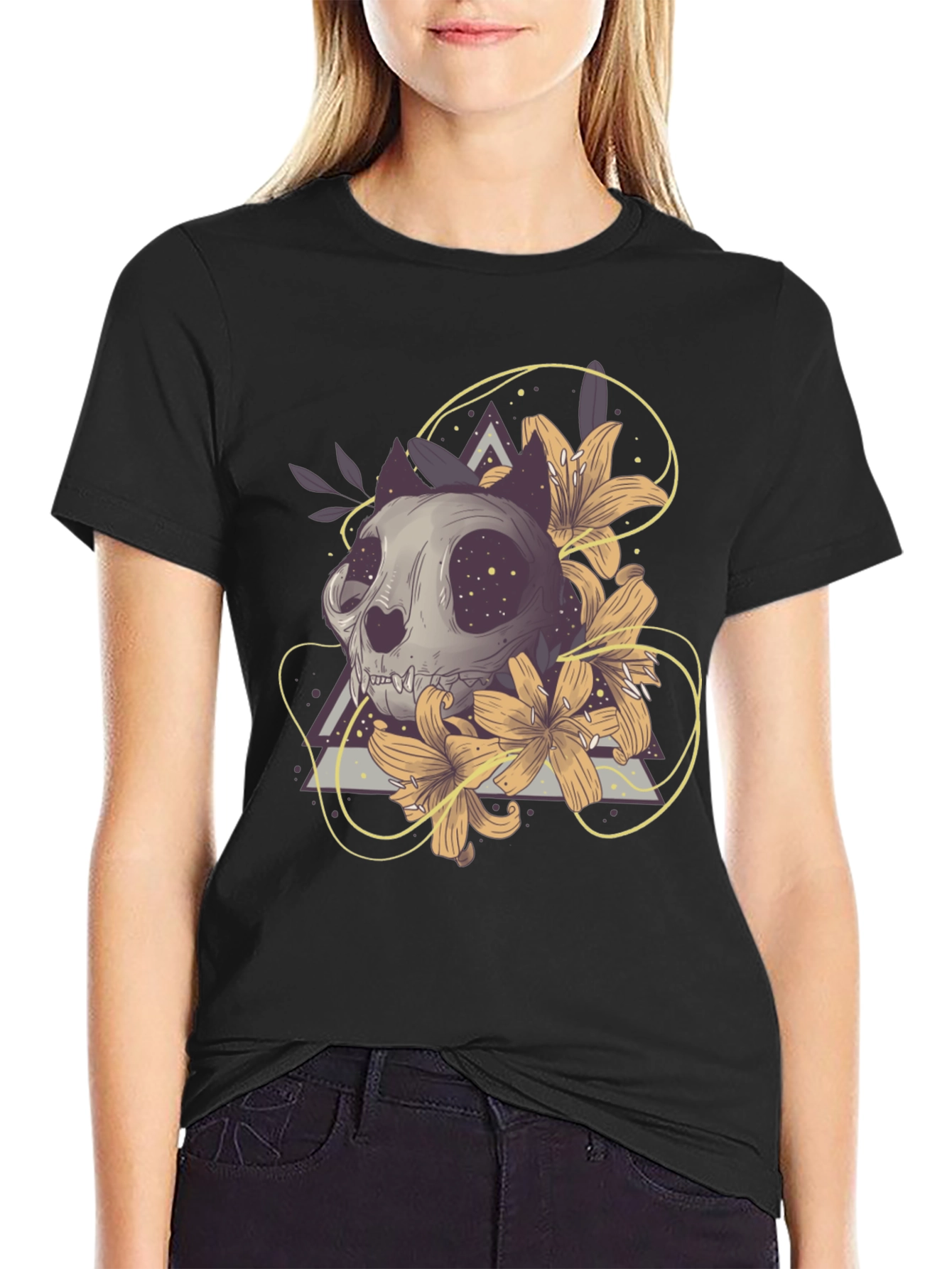 Cat Skull & Lilies Graphic T-Shirt - Unique Design