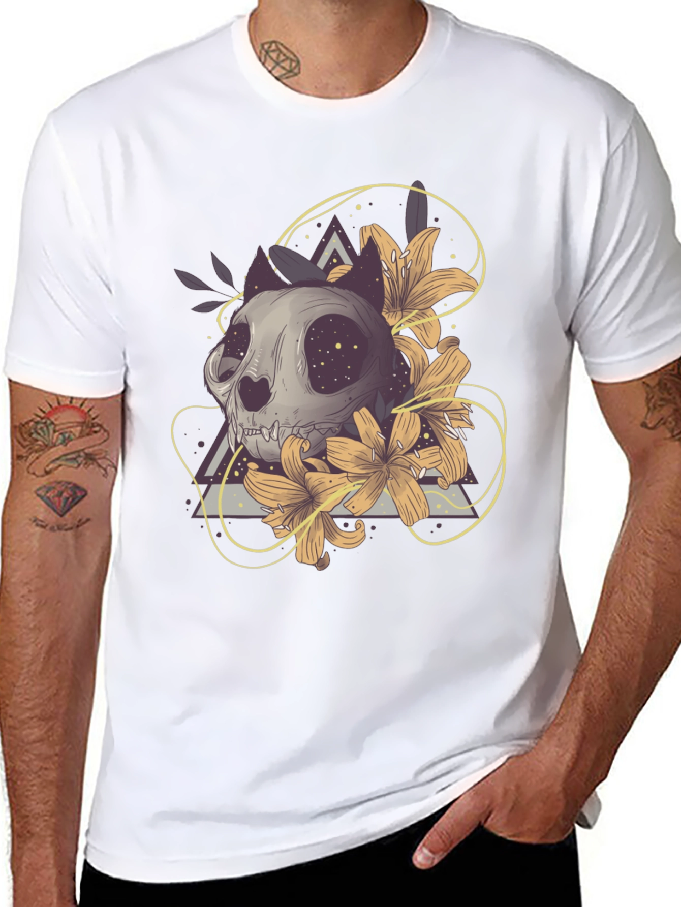 Cat Skull & Lilies Graphic T-Shirt - Unique Design