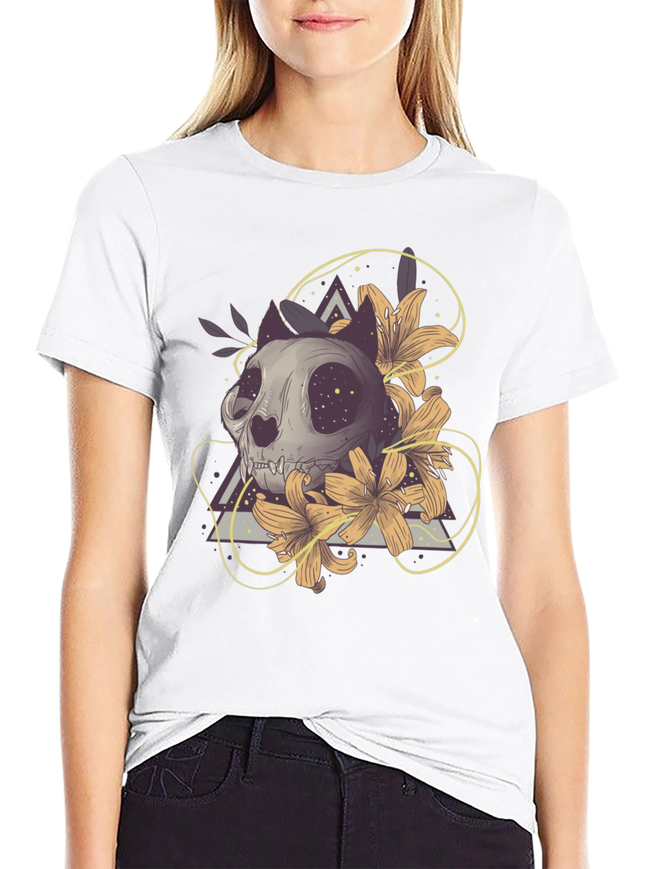 Cat Skull & Lilies Graphic T-Shirt - Unique Design