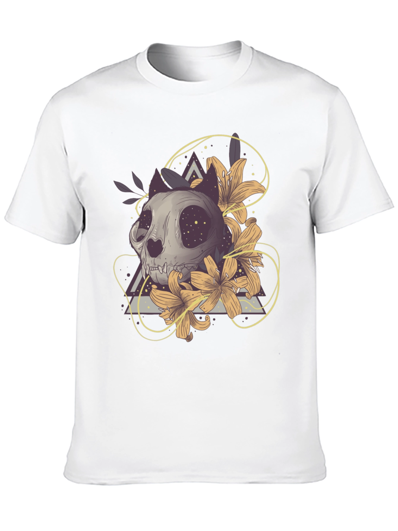 Cat Skull & Lilies Graphic T-Shirt - Unique Design