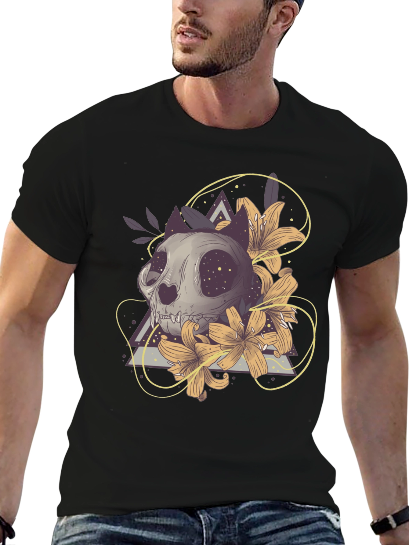 Cat Skull & Lilies Graphic T-Shirt - Unique Design