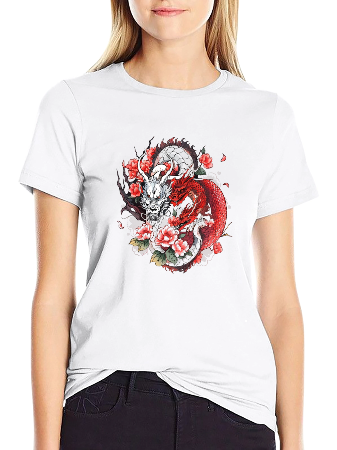 Dragon & Floral Graphic Tee - Black