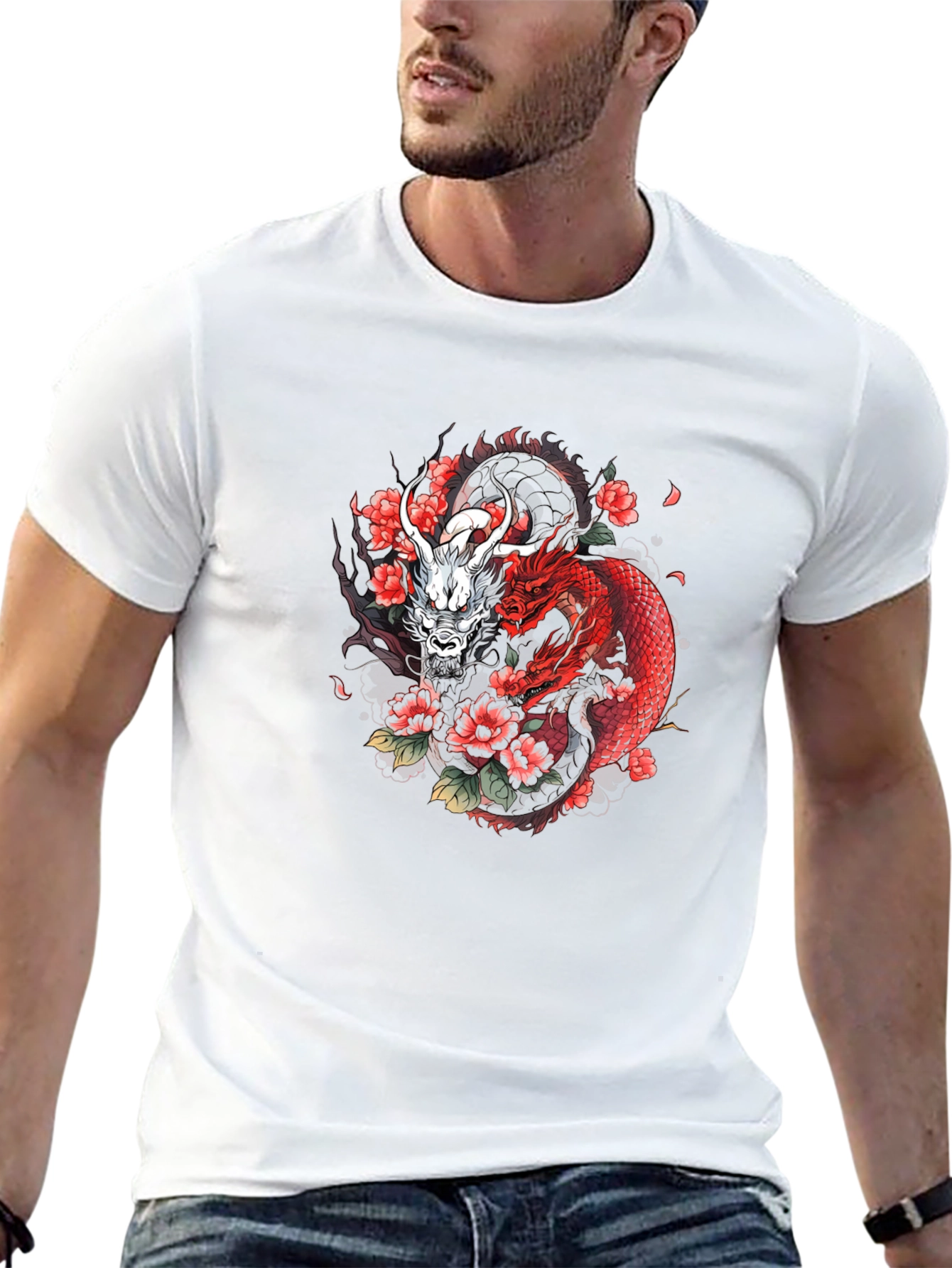 Dragon & Floral Graphic Tee - Black