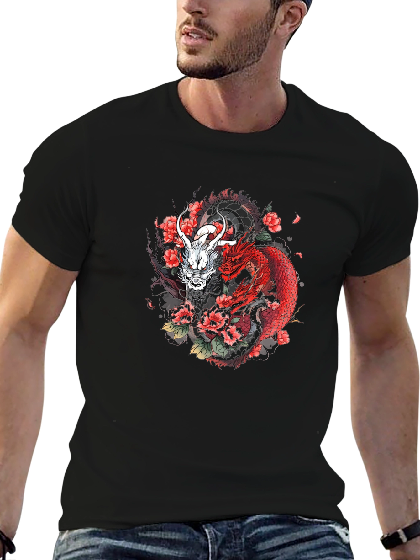 Dragon & Floral Graphic Tee - Black
