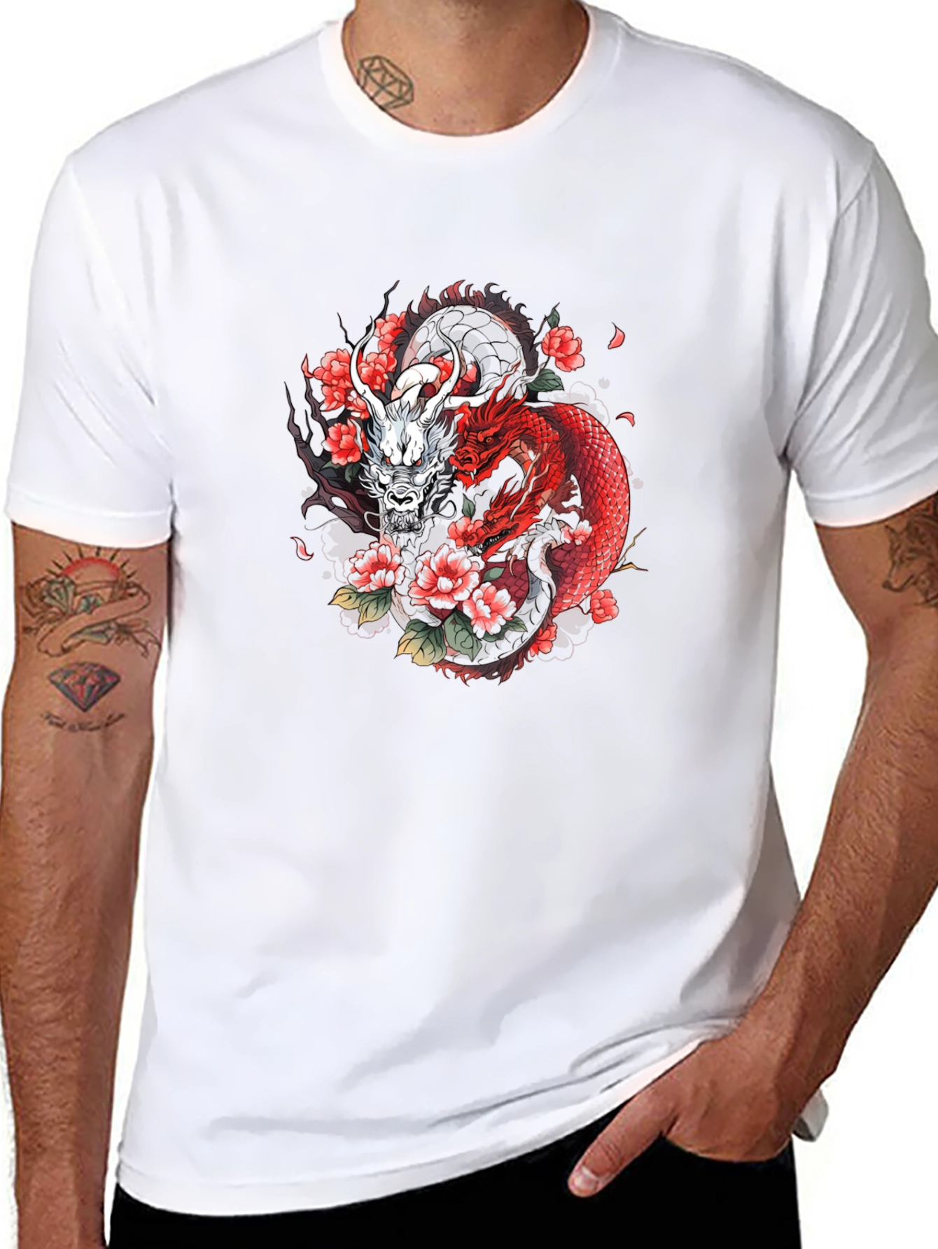Dragon & Floral Graphic Tee - Black