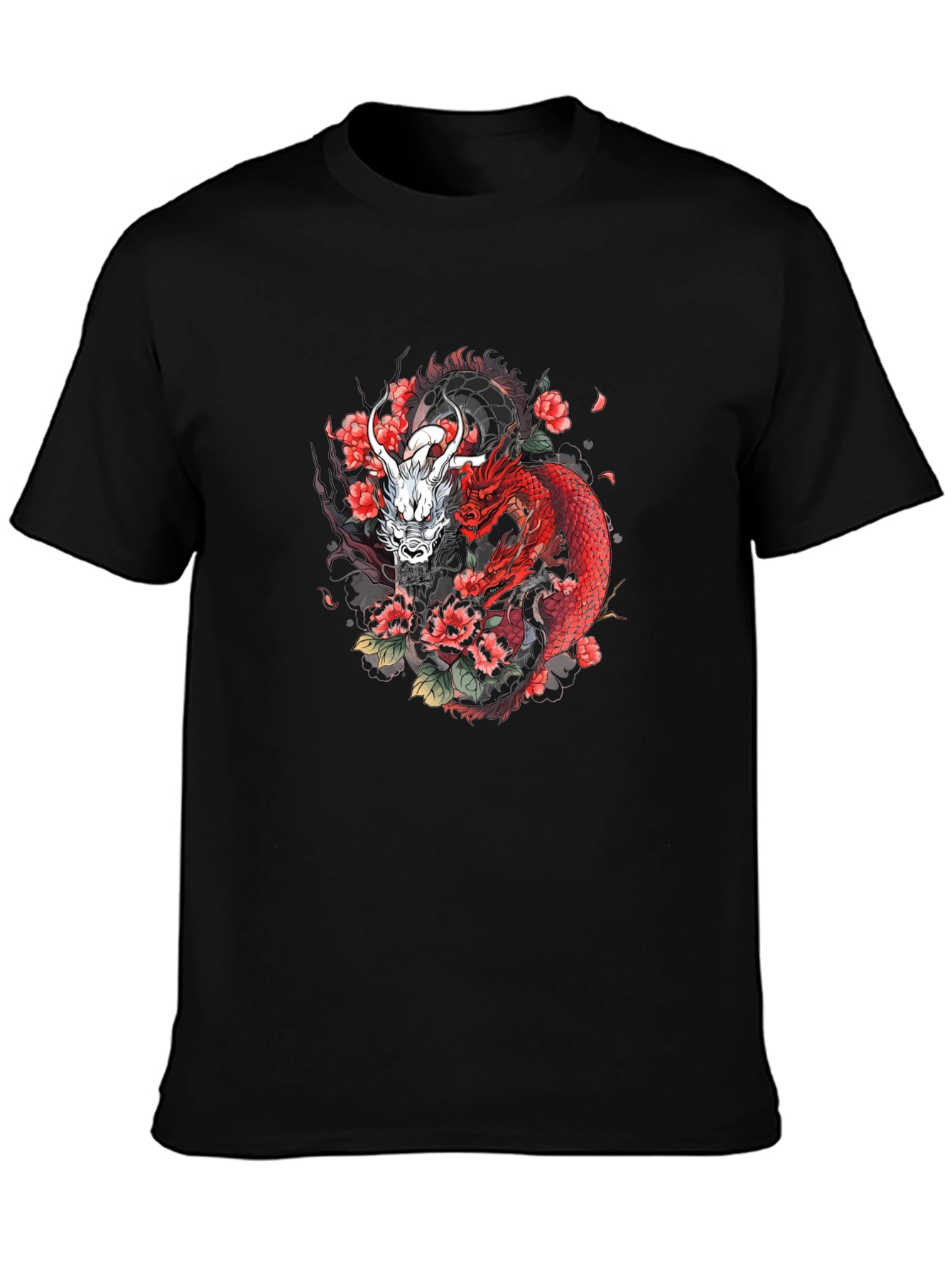 Dragon & Floral Graphic Tee - Black