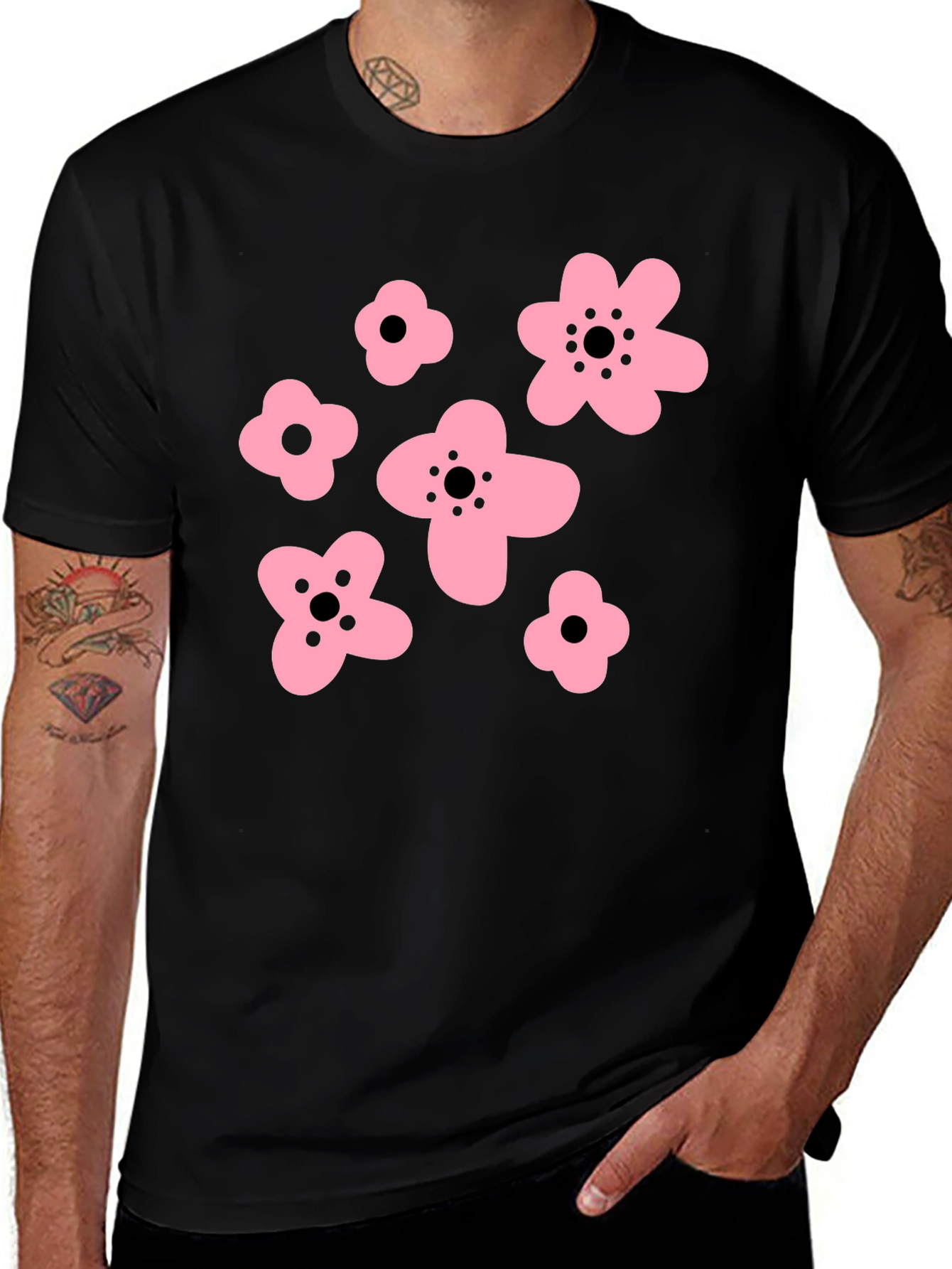 Pink Floral Graphic Black T-Shirt