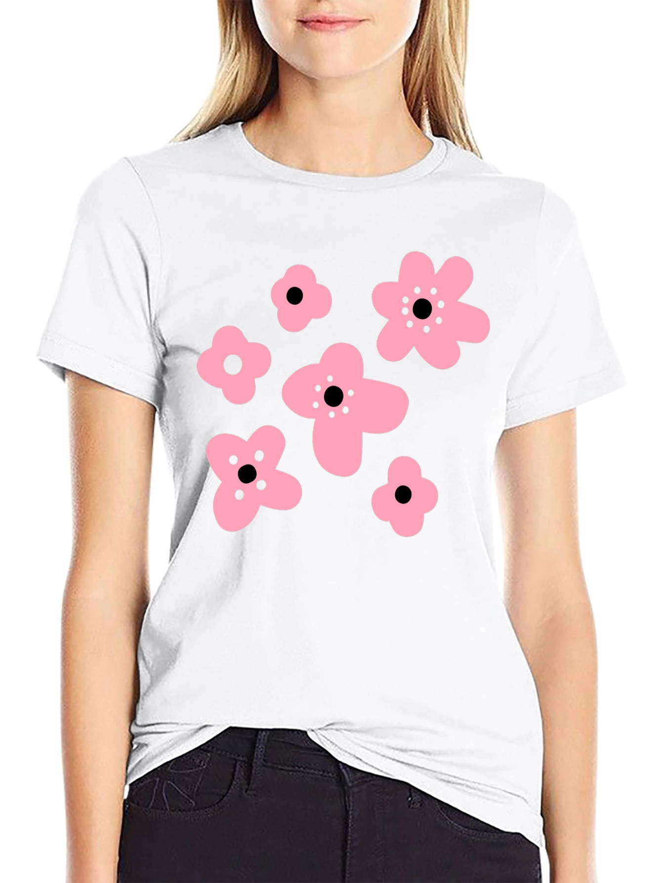 Pink Floral Graphic Black T-Shirt