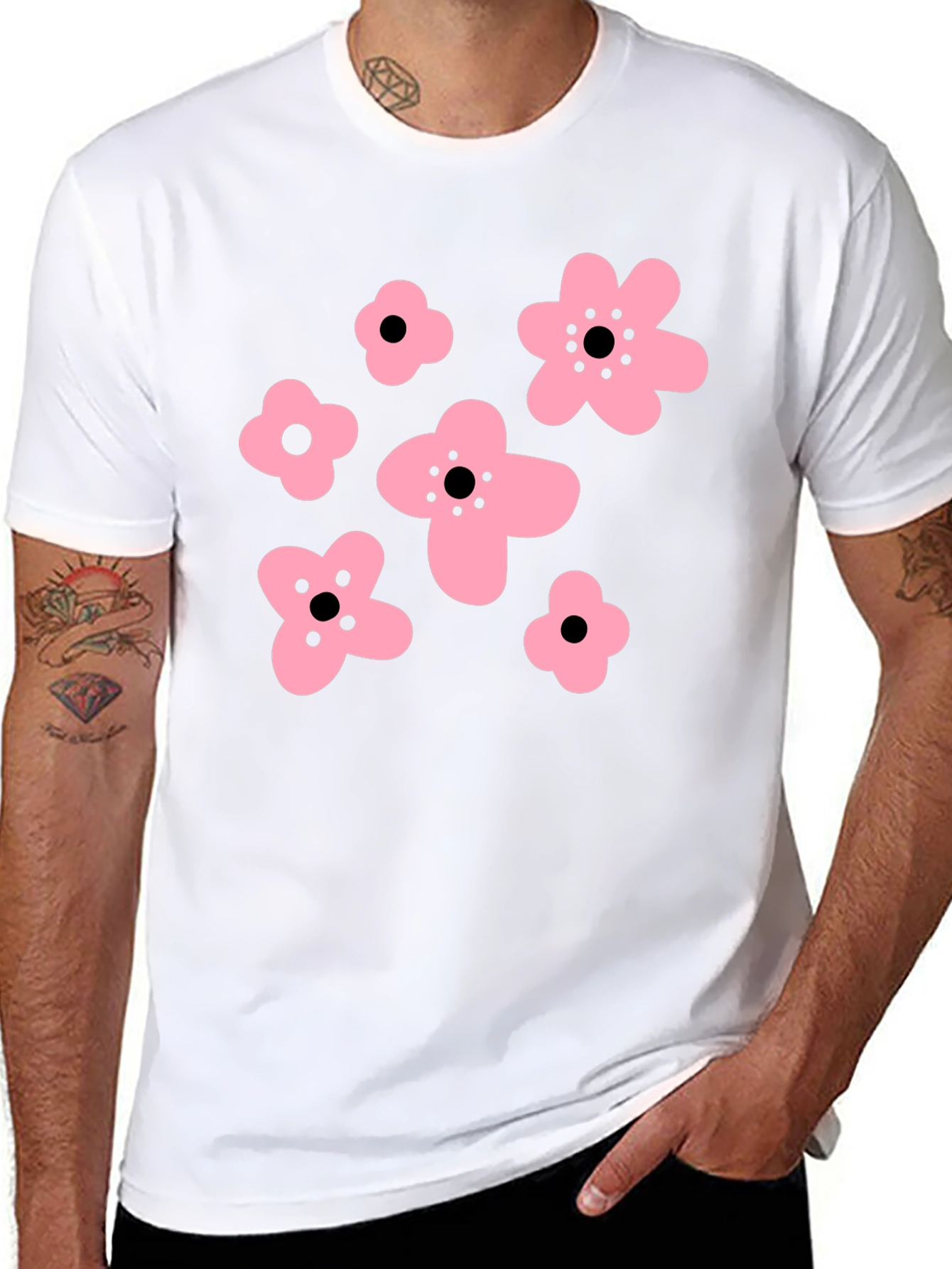 Pink Floral Graphic Black T-Shirt