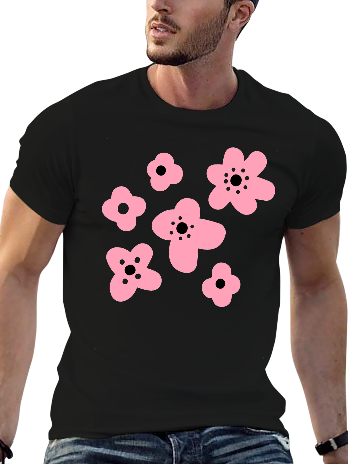 Pink Floral Graphic Black T-Shirt