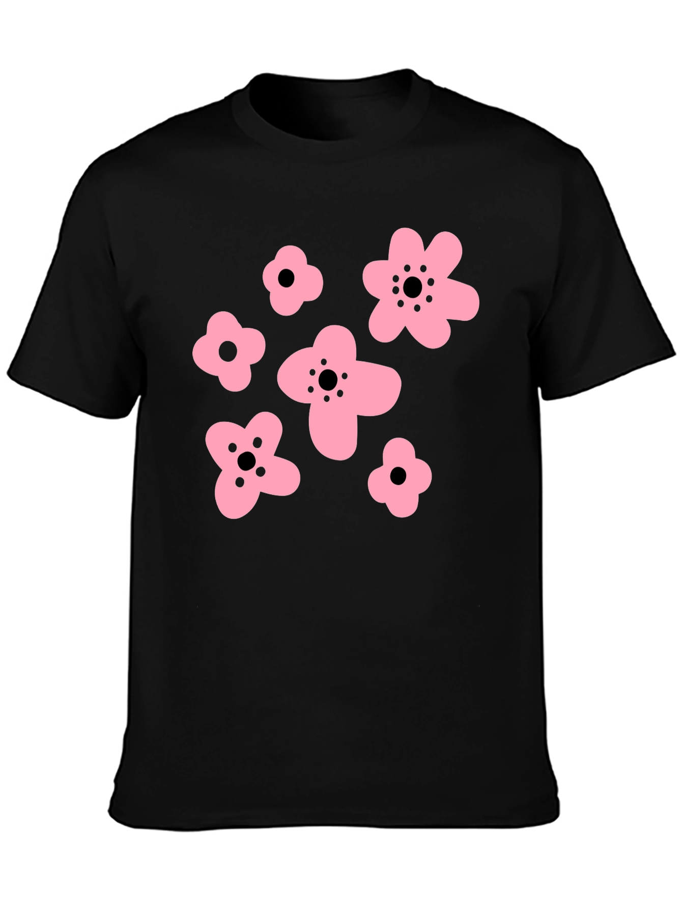 Pink Floral Graphic Black T-Shirt