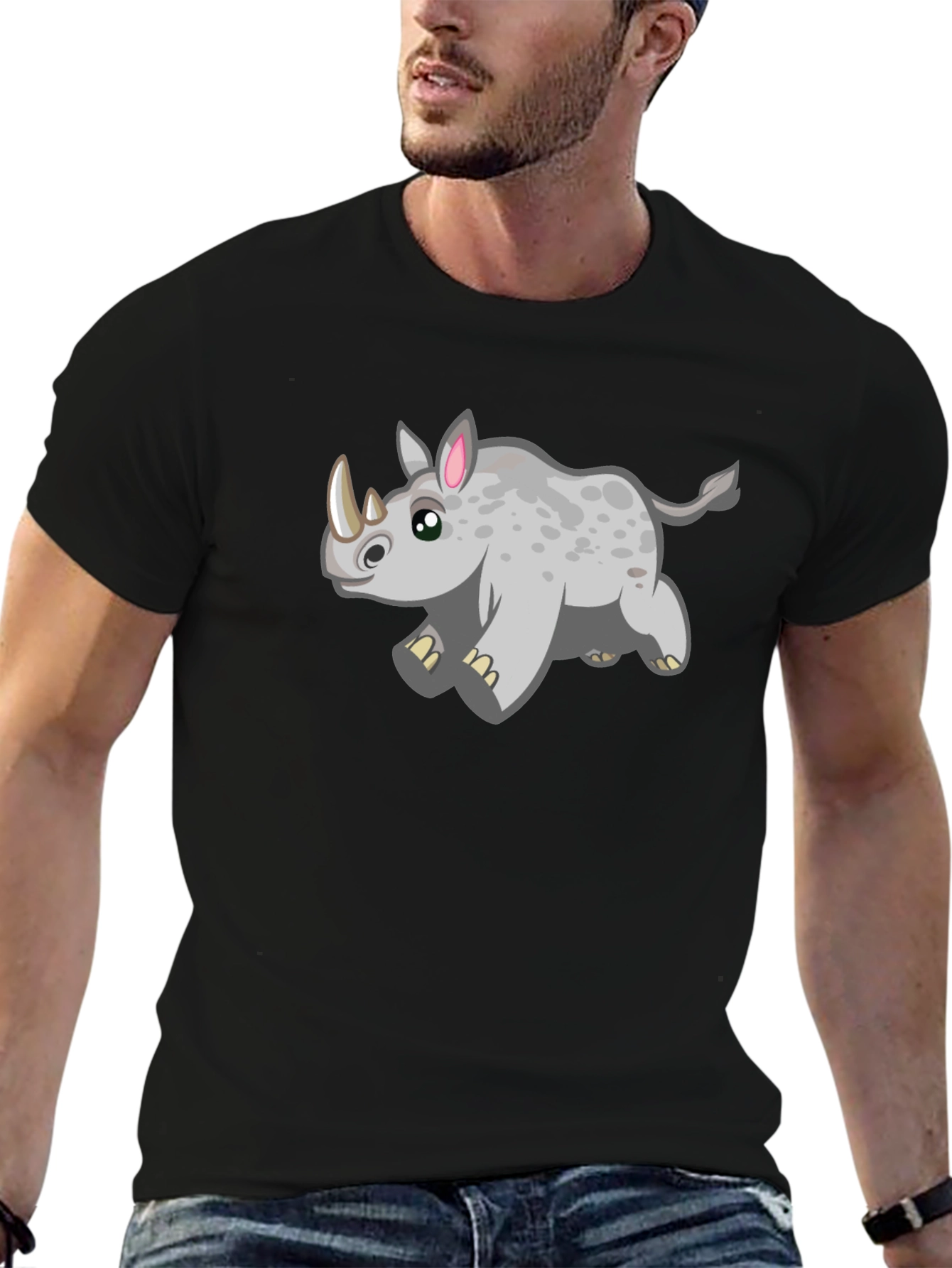 Cartoon Rhino T-Shirt - Black Cotton Tee