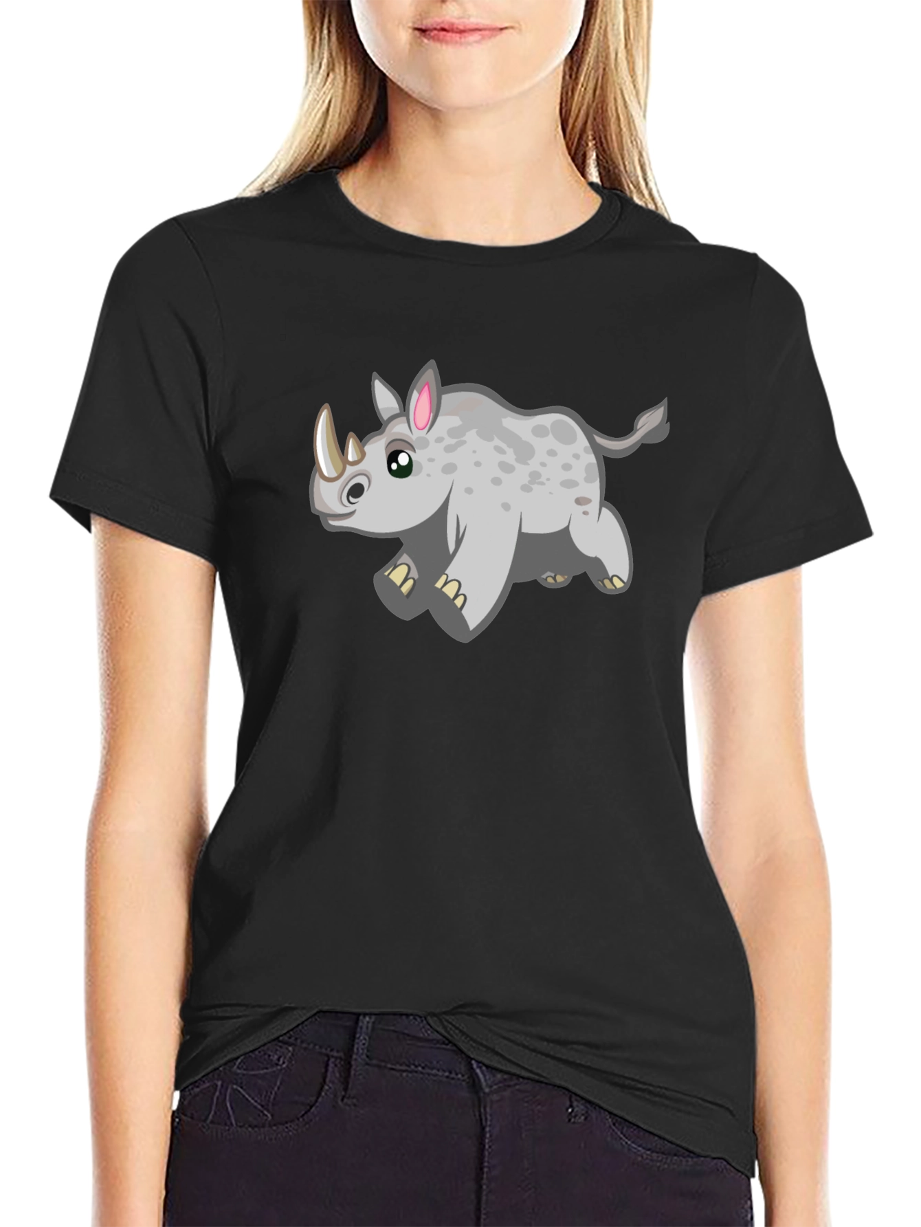 Cartoon Rhino T-Shirt - Black Cotton Tee