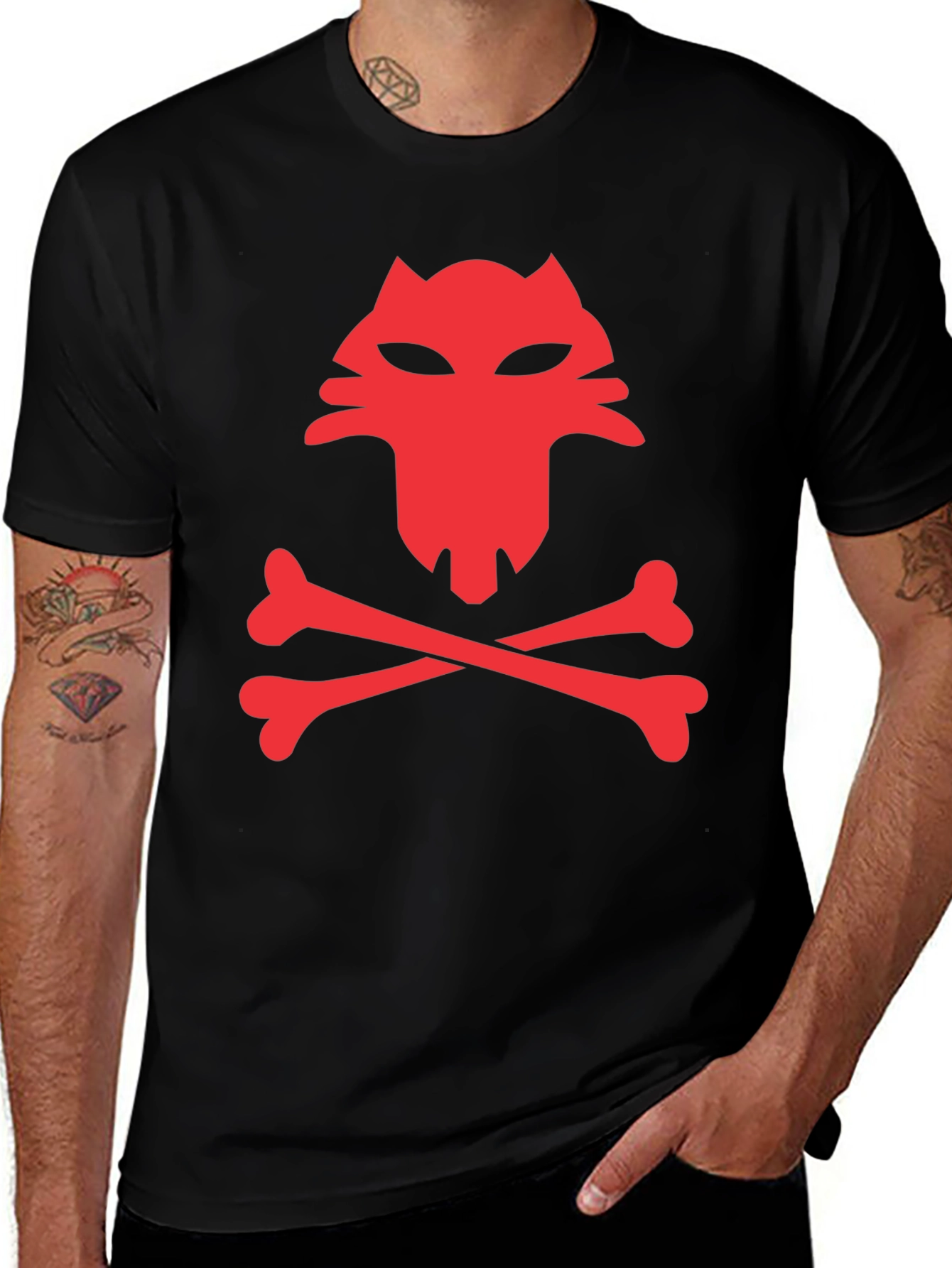 Red Wolf Skull & Crossbones Black T-Shirt