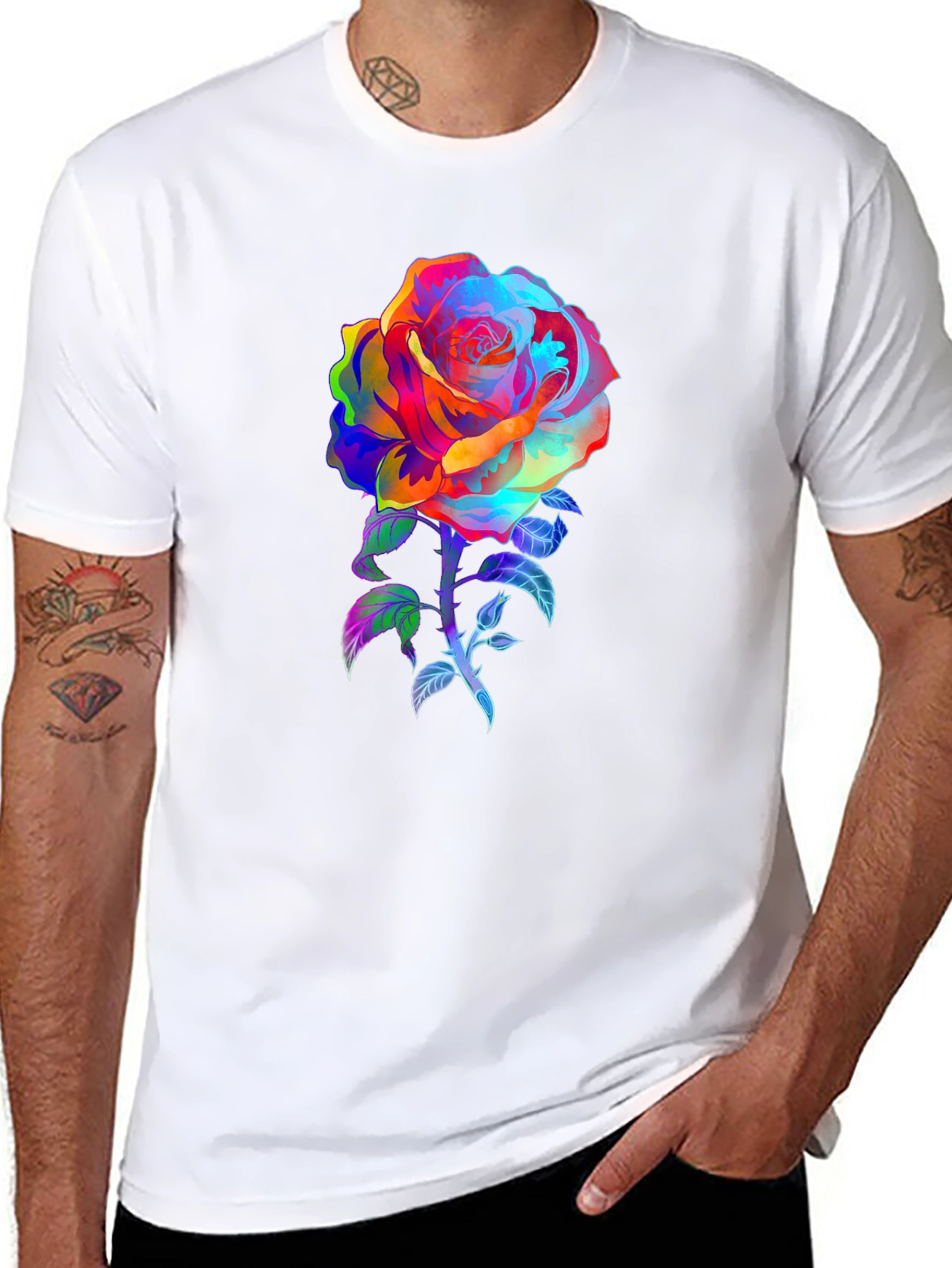 Rainbow Rose Graphic Tee - Vivid Floral Print