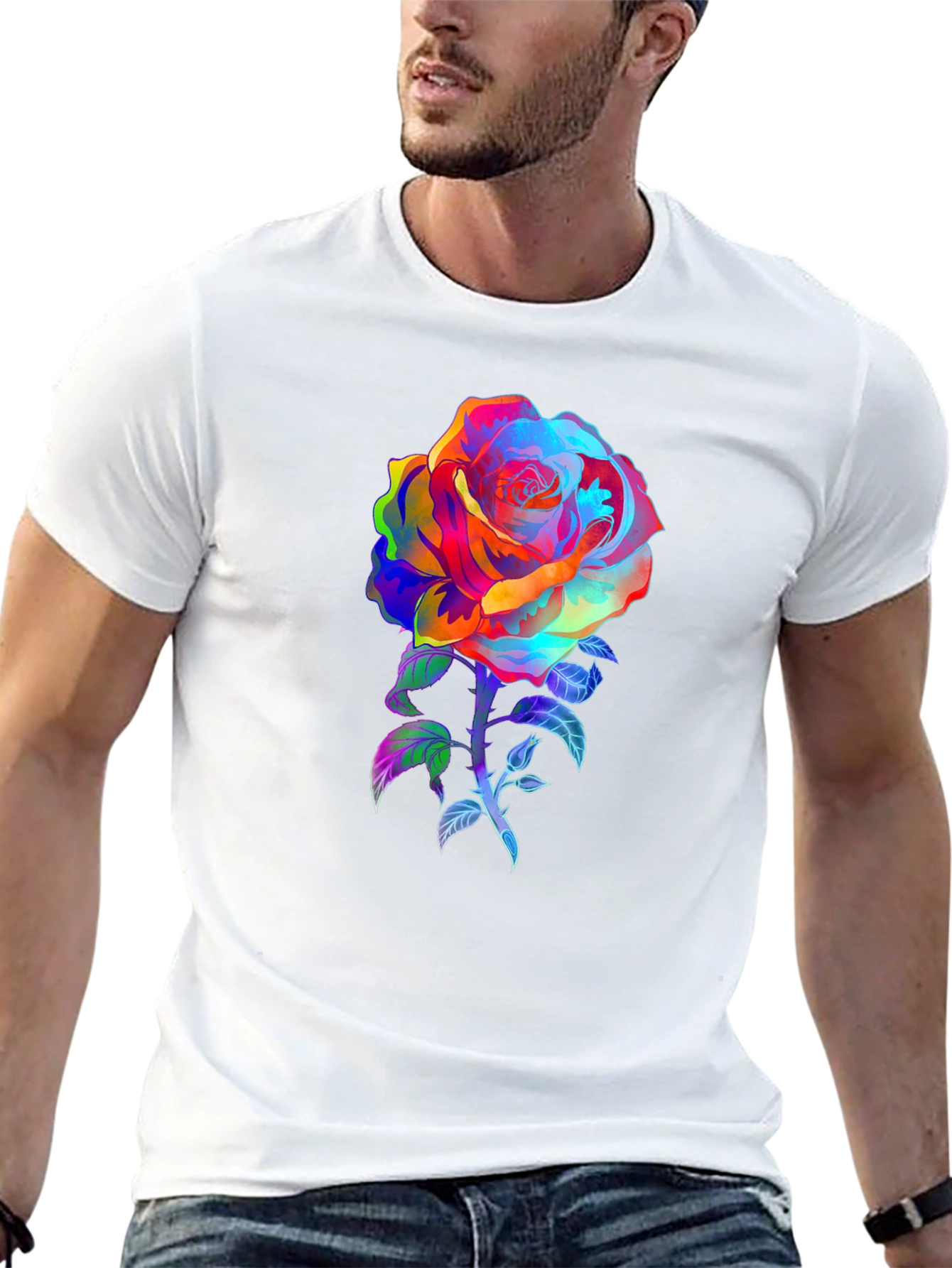 Rainbow Rose Graphic Tee - Vivid Floral Print
