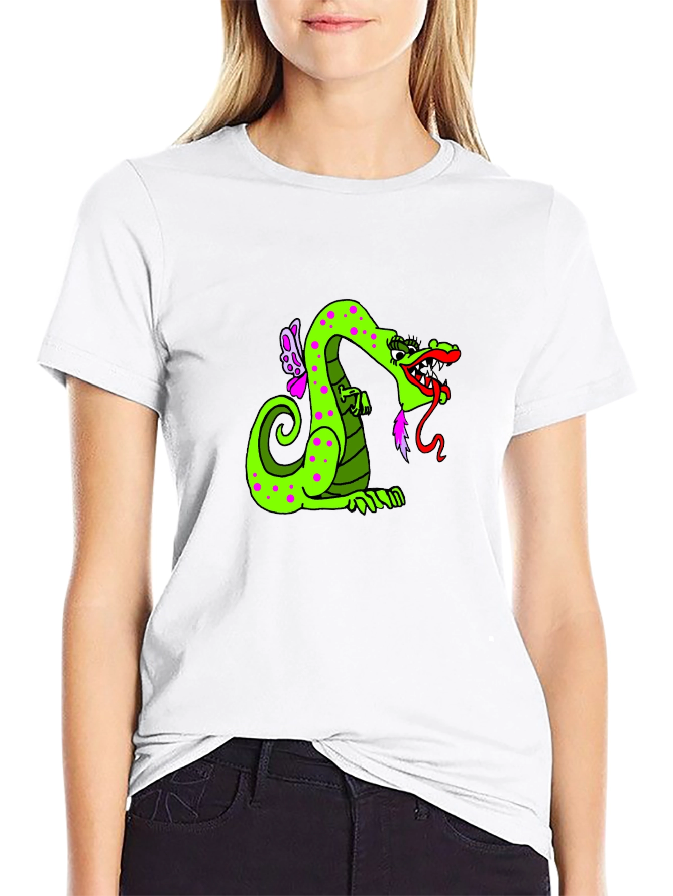 Green Dragon Cartoon Graphic Black T-Shirt