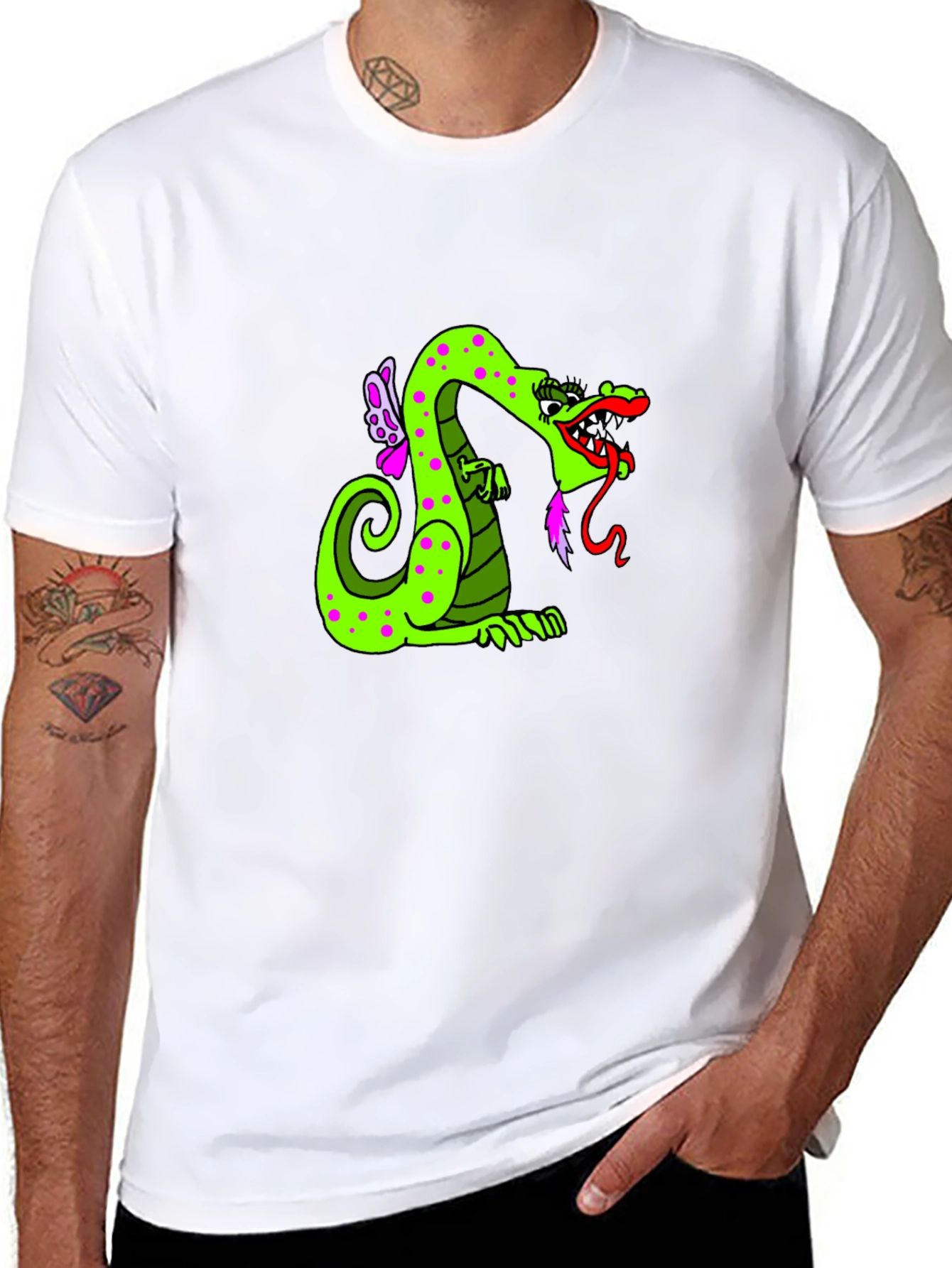 Green Dragon Cartoon Graphic Black T-Shirt