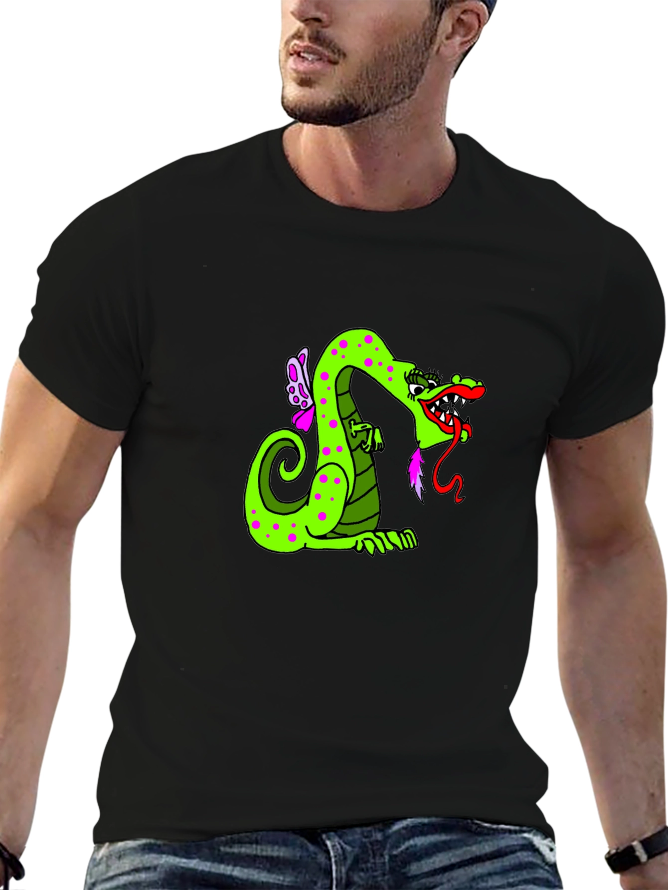 Green Dragon Cartoon Graphic Black T-Shirt