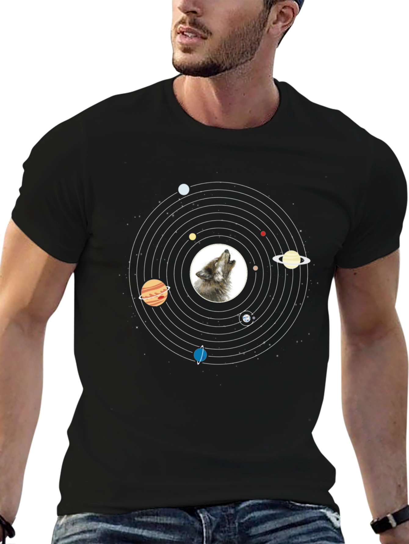Wolf Solar System T-Shirt - Black Graphic Tee