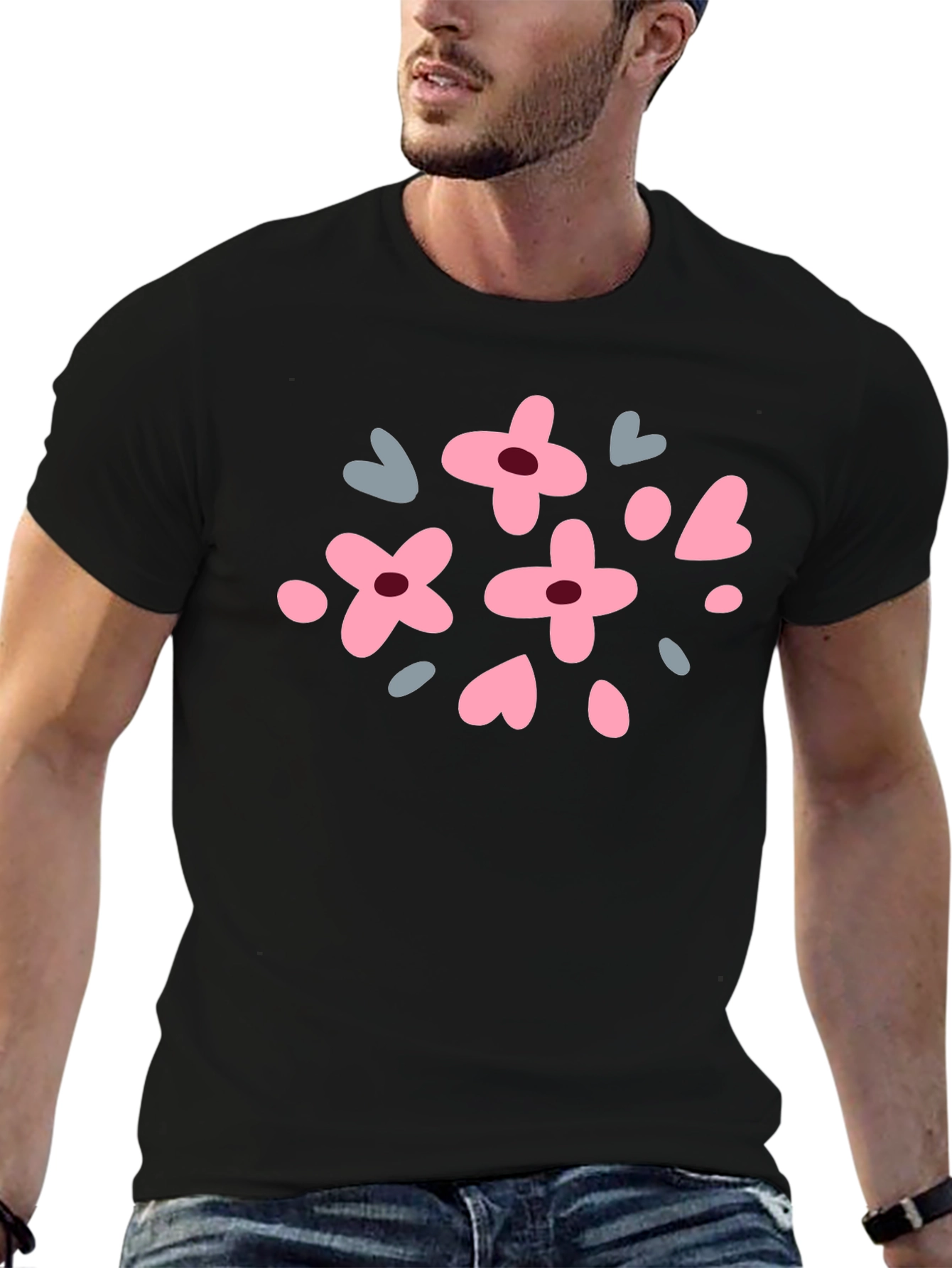 Floral & Heart Graphic Tee - Black