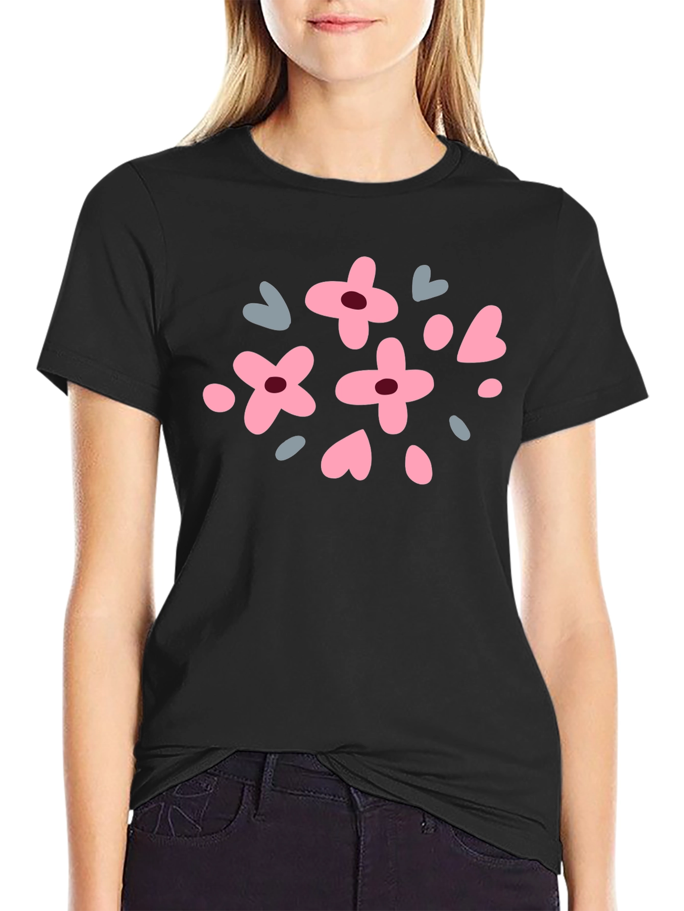 Floral & Heart Graphic Tee - Black