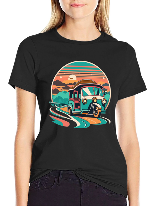 Retro Rickshaw Graphic Tee - Black Cotton Comfort