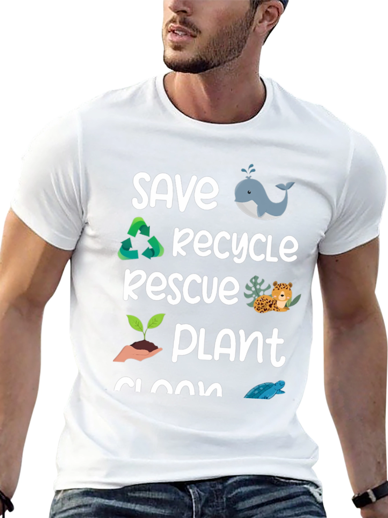 Eco-Friendly Graphic T-Shirt: Save Recycle Rescue Plant