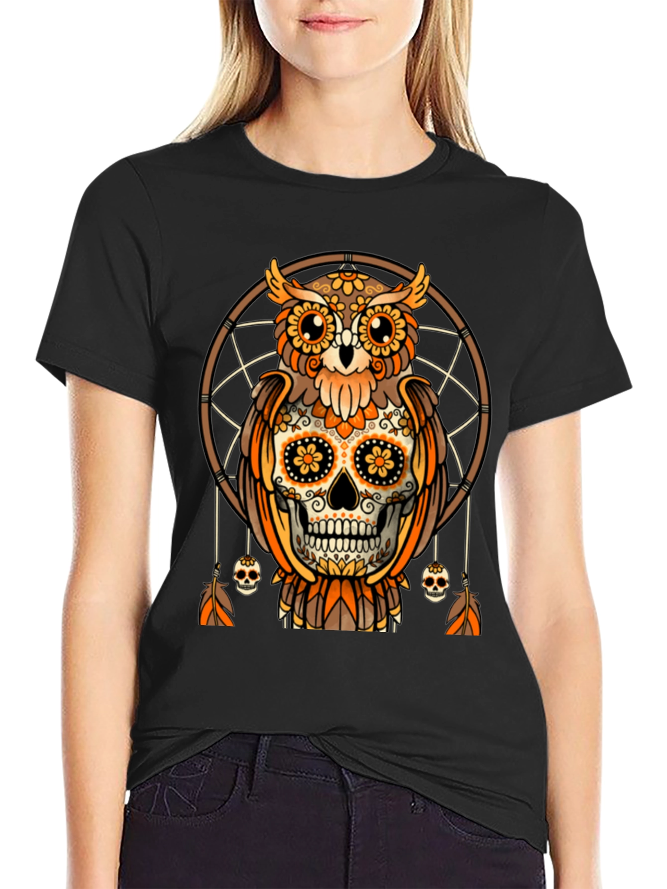 Sugar Skull Owl Dreamcatcher Graphic Tee