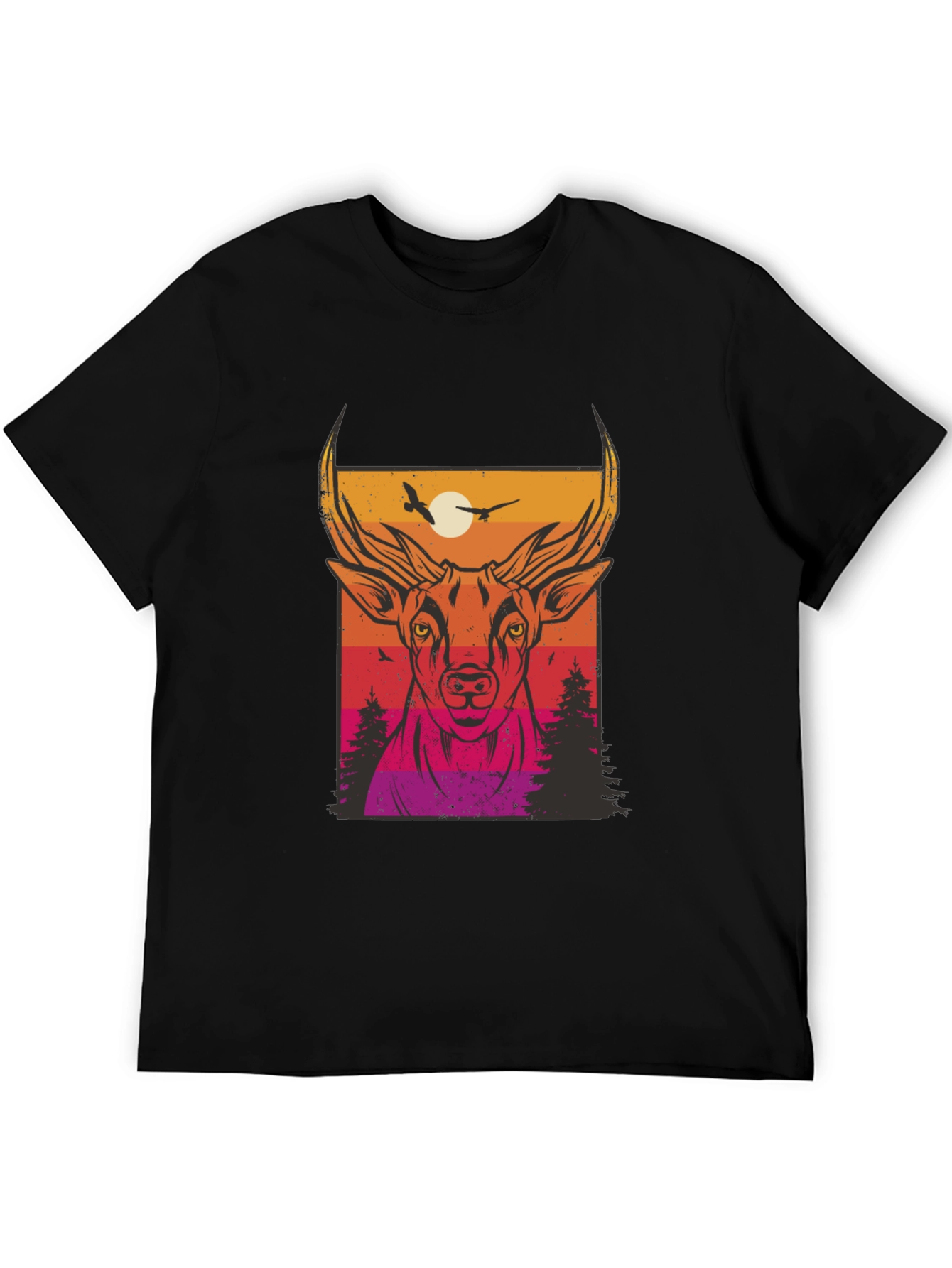 Deer Sunset Graphic Print Black T-Shirt