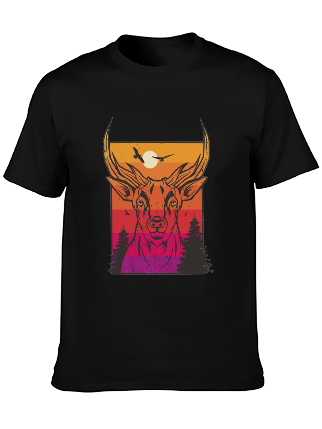 Deer Sunset Graphic Print Black T-Shirt