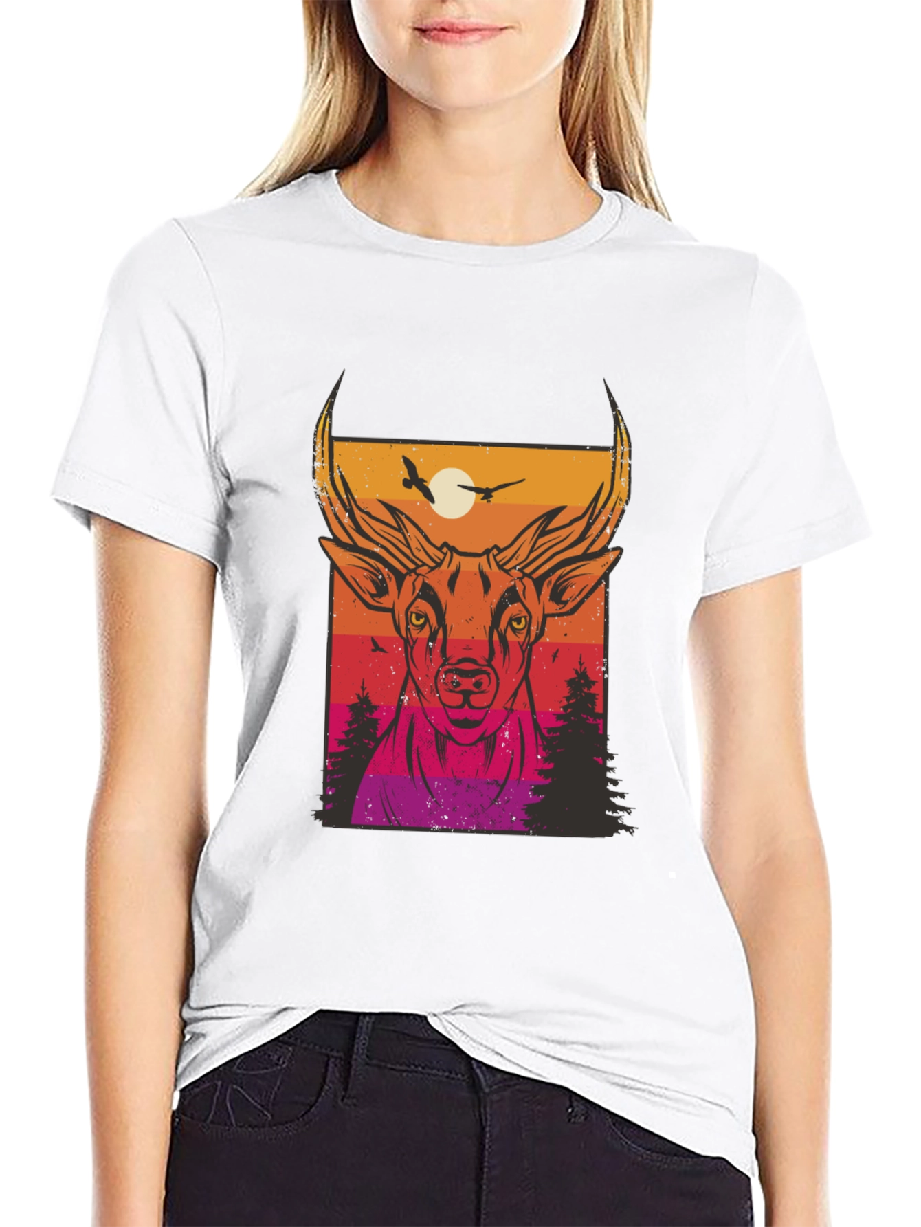 Deer Sunset Graphic Print Black T-Shirt