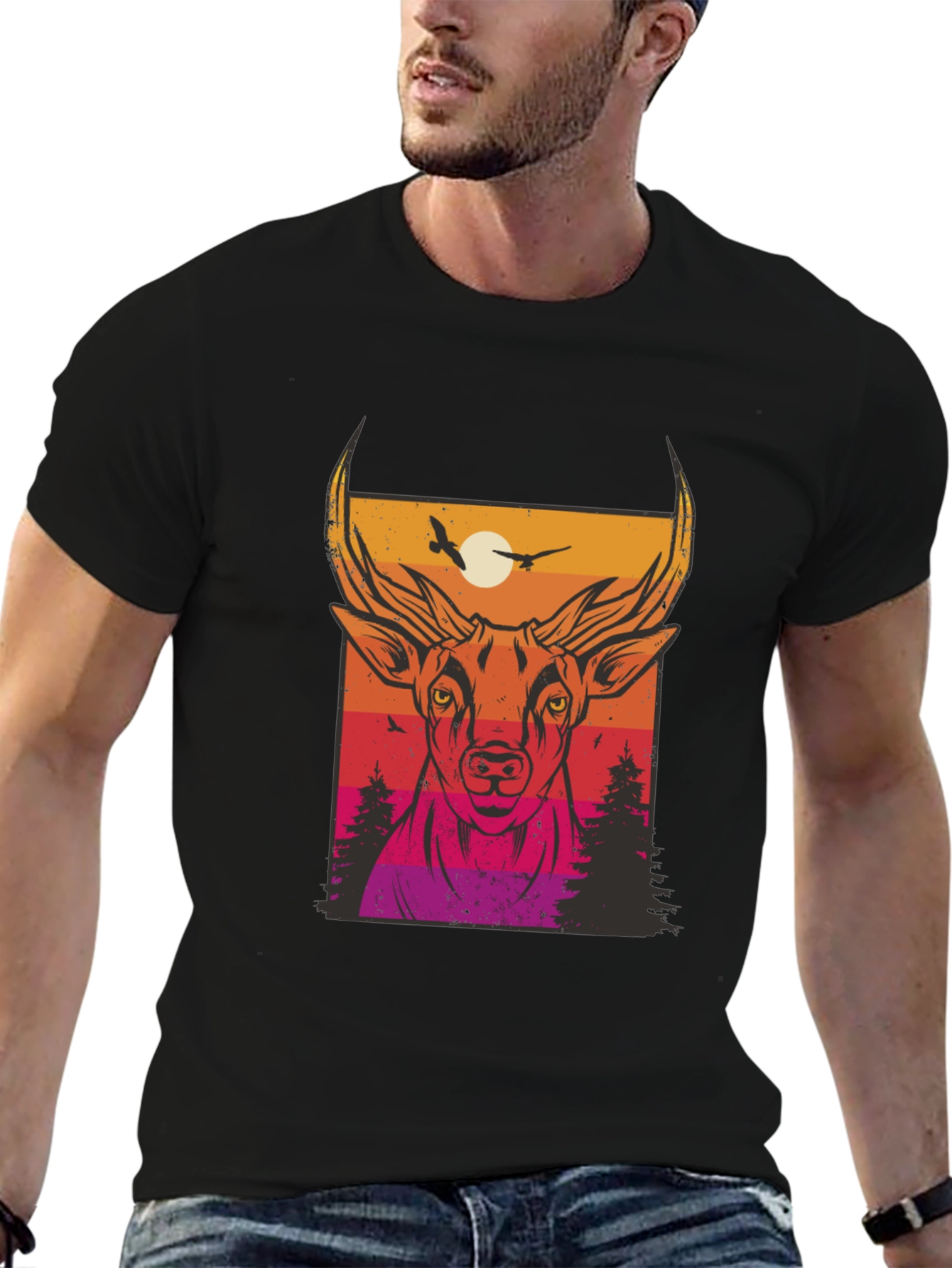Deer Sunset Graphic Print Black T-Shirt