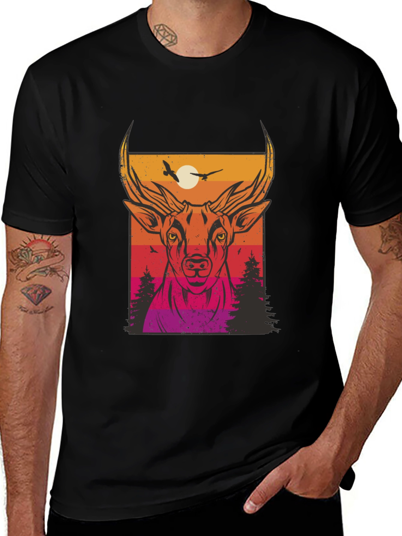 Deer Sunset Graphic Print Black T-Shirt