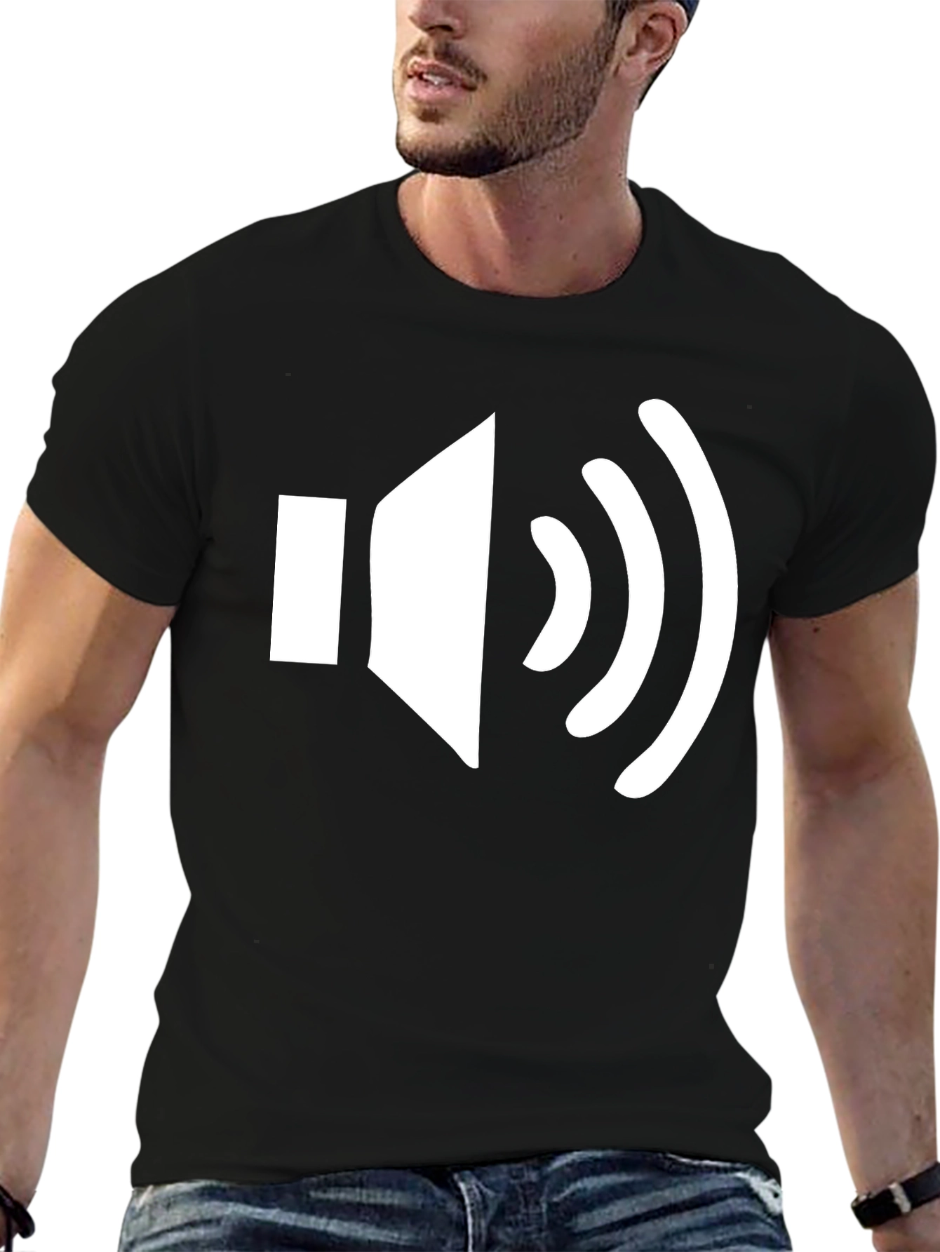 Black T-Shirt with White Speaker Graphic
