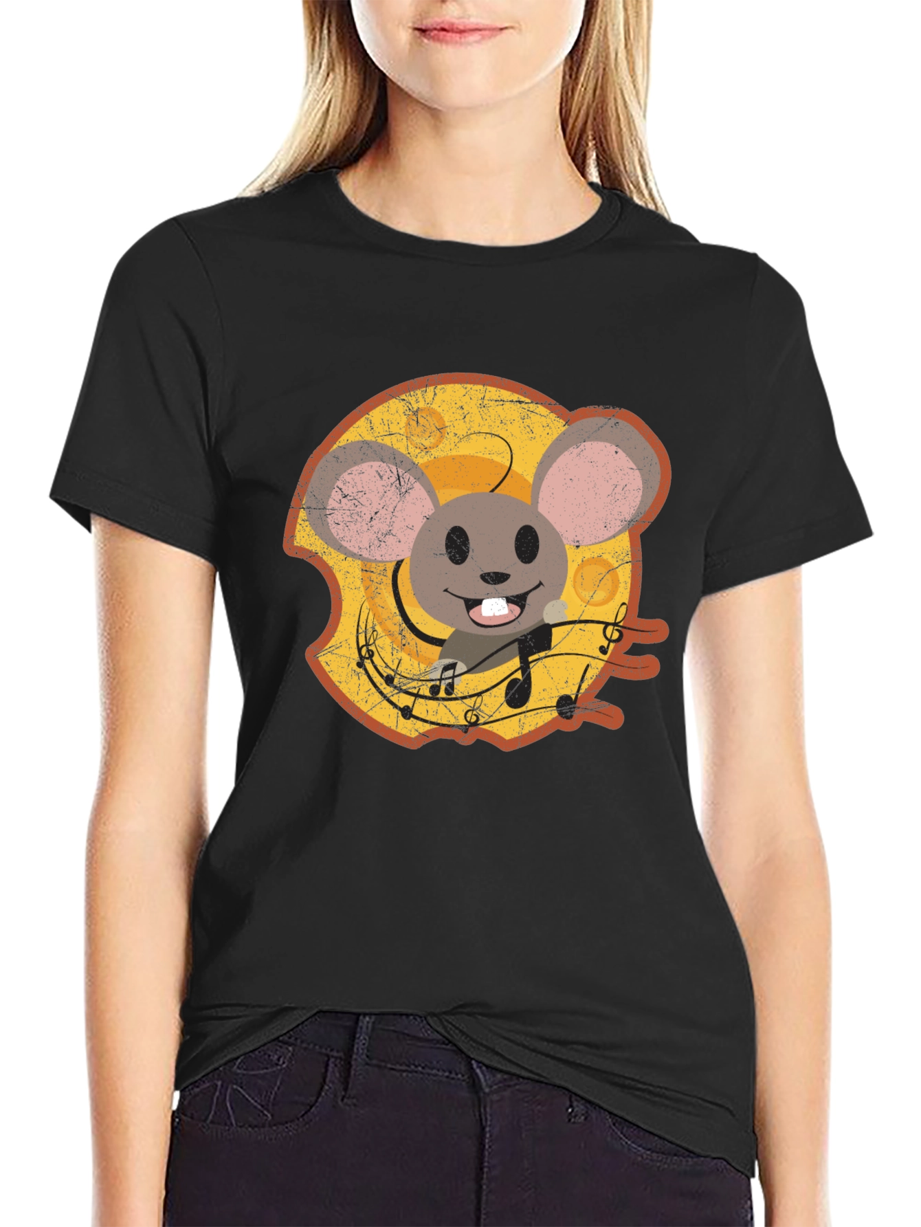 Cartoon Mouse Cheese Music T-Shirt