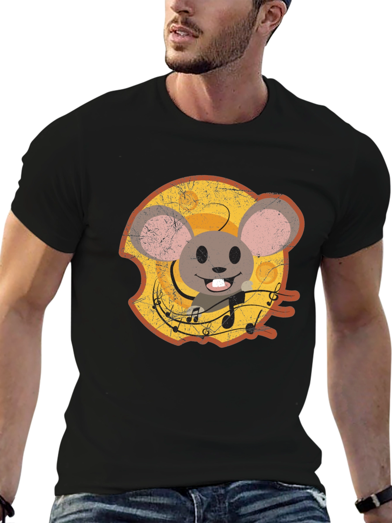 Cartoon Mouse Cheese Music T-Shirt