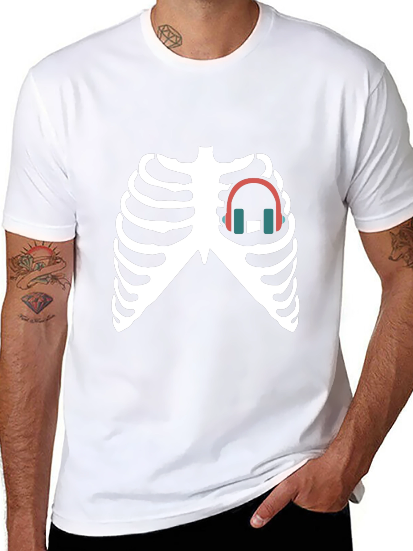 Skeleton Ribcage Headphones Graphic Tee - Black