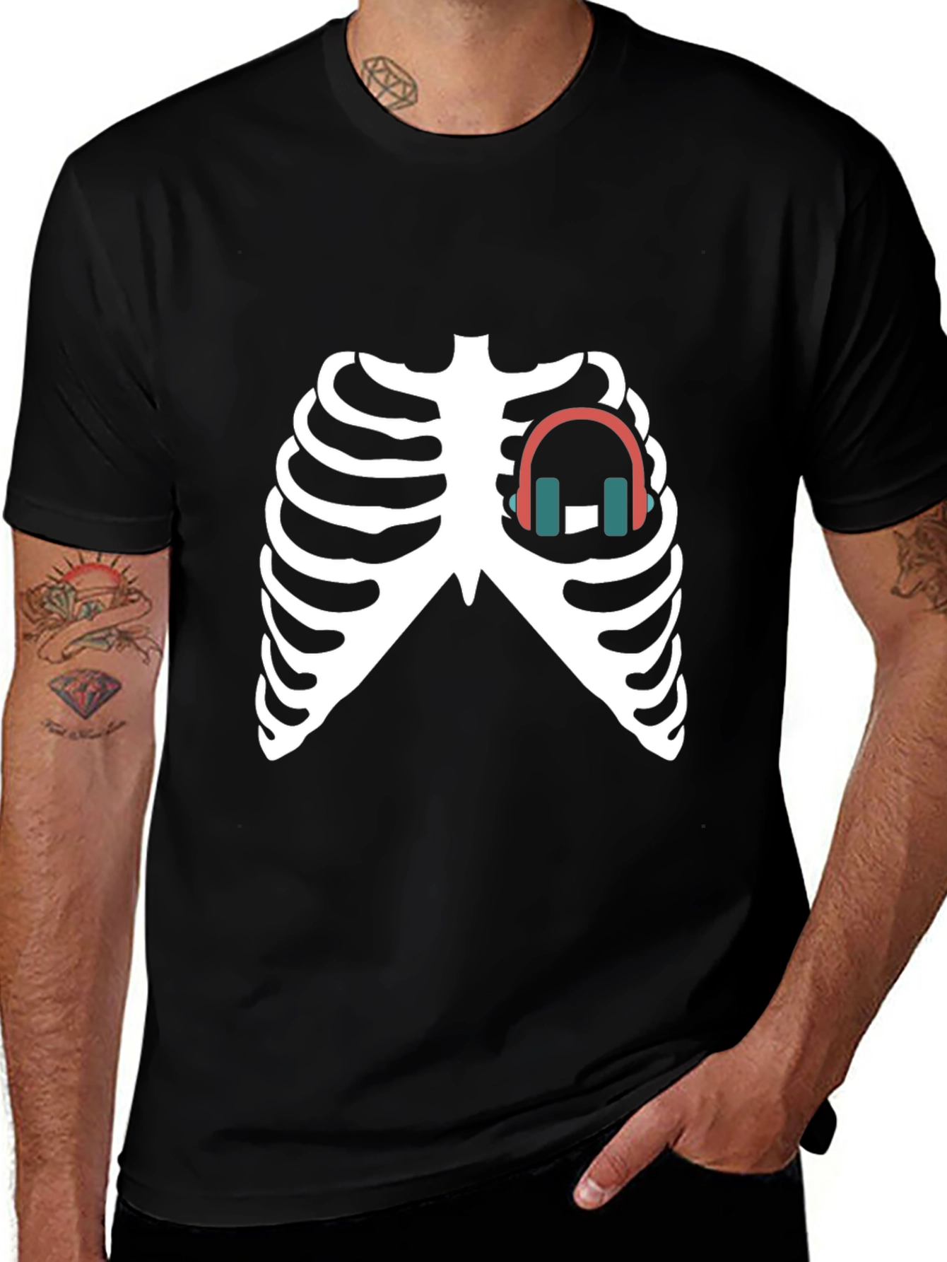 Skeleton Ribcage Headphones Graphic Tee - Black