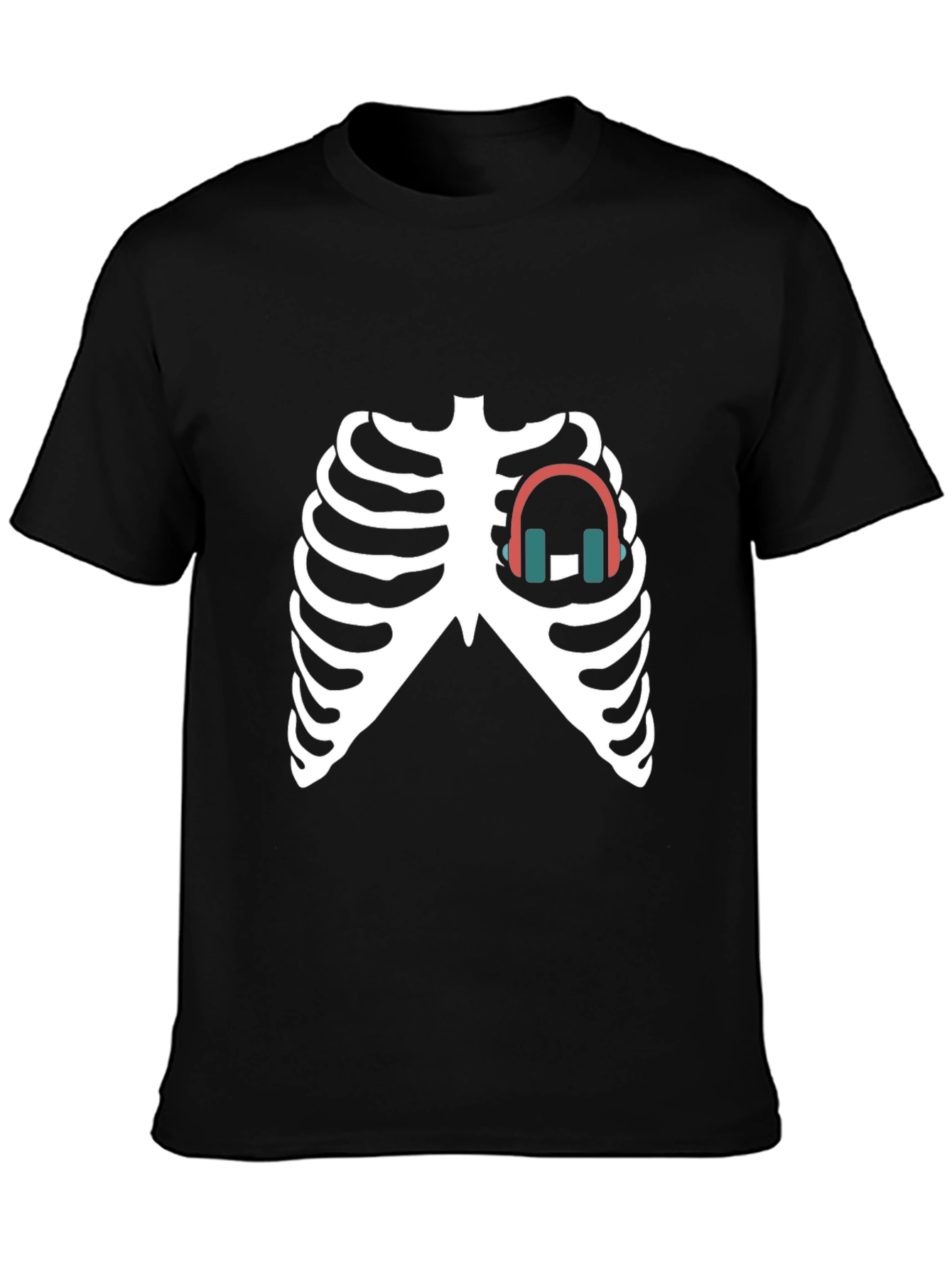 Skeleton Ribcage Headphones Graphic Tee - Black